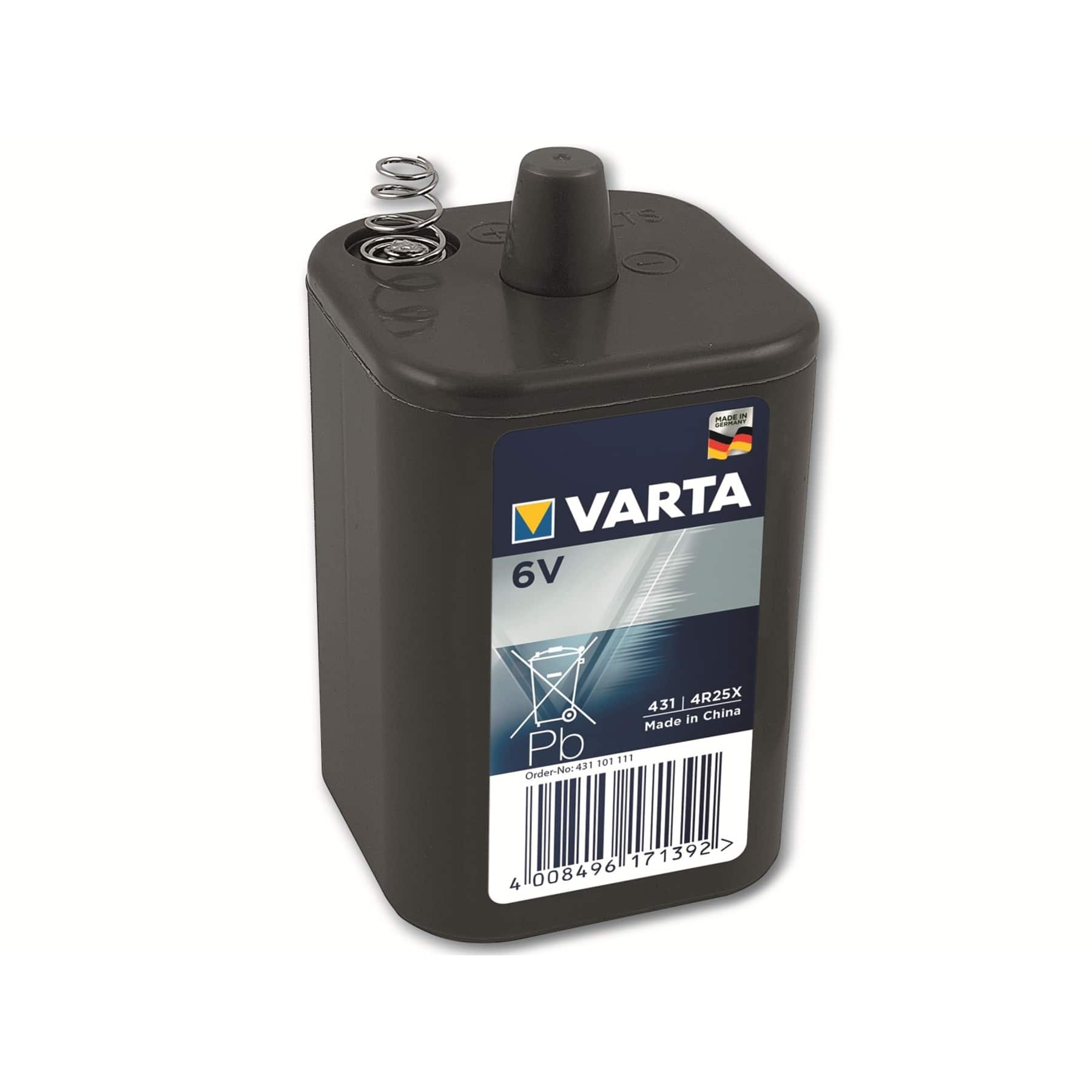 Czarna bateria 6V ze sprężyną i etykietą. Posiada logo VARTA i szczegóły produktu.