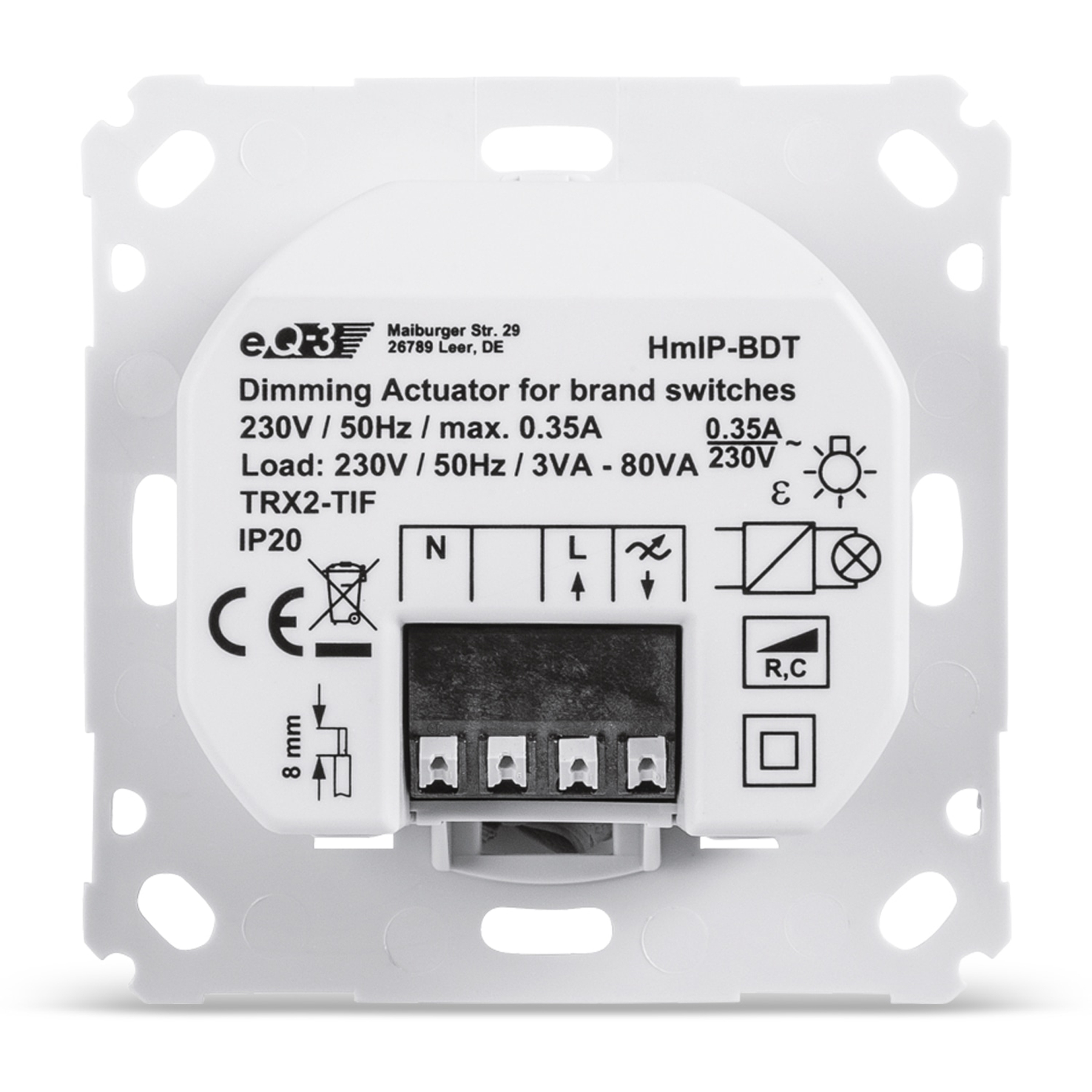 Ein weißes Elektrogerät mit Etiketten und Schaltplan, montiert auf einem quadratischen Rahmen.