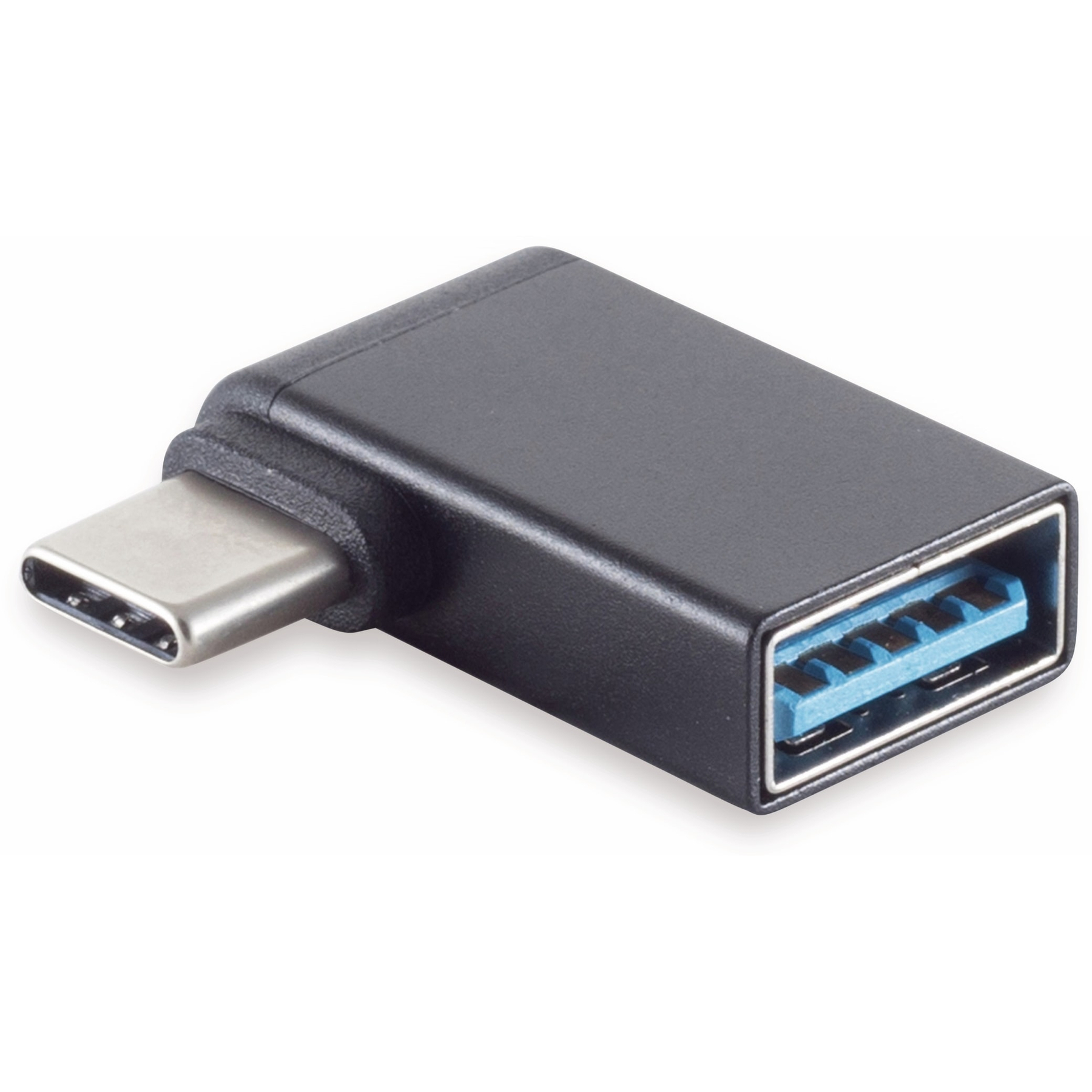 Ein schwarzer USB-C-zu-USB-A-Adapter, abgewinkelte Form, blauer USB-Anschluss.