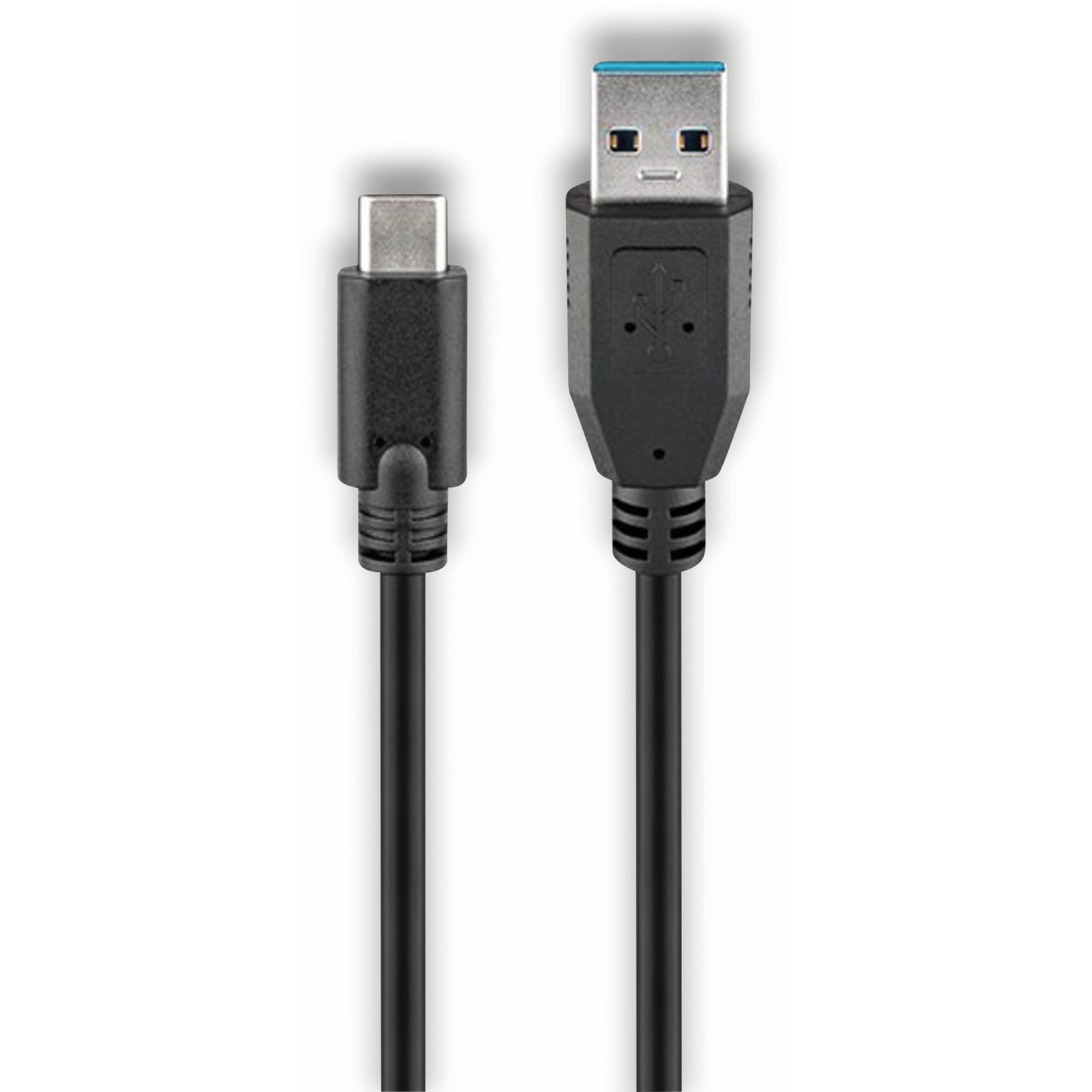 Schwarzes USB-C-auf-USB-A-Kabel. USB-C links und USB-A rechts.