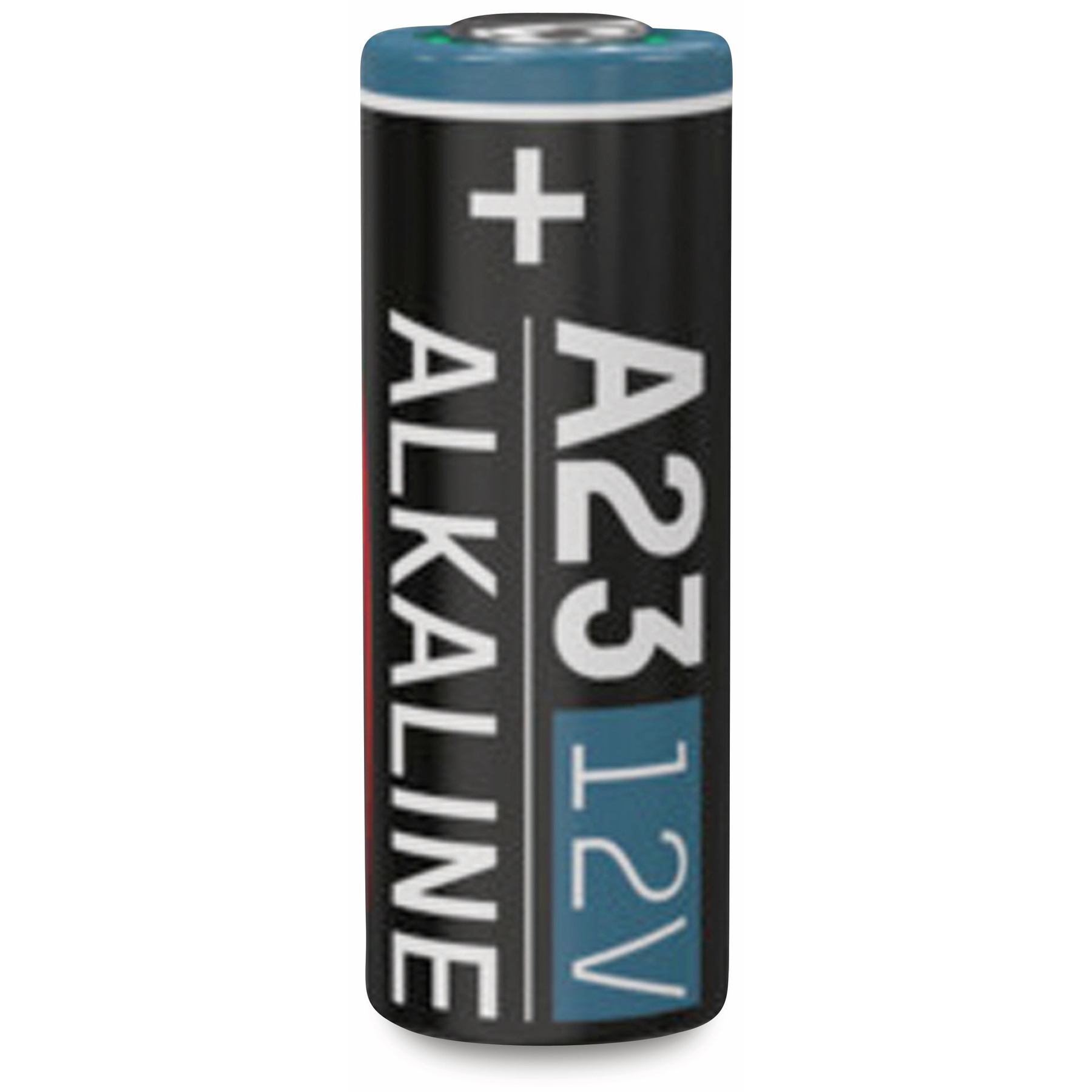 Schwarz-blaue A23 12V Alkaline-Batterie, aufrecht stehend.