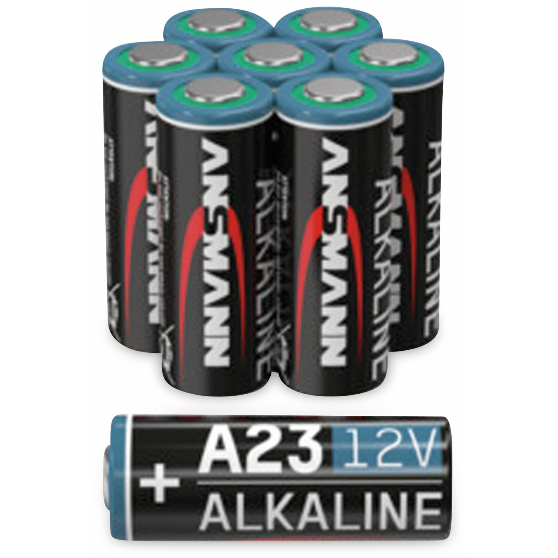 Sieben A23 12V Alkaline-Batterien, eine Batterie im Detail sichtbar.