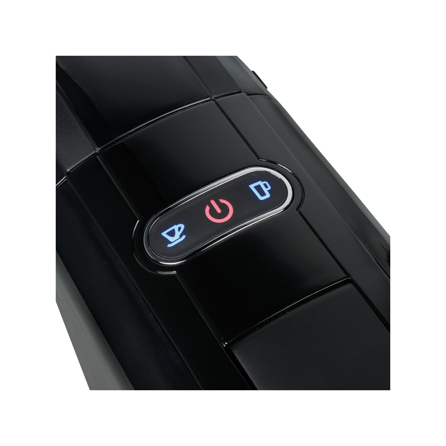 Zbliżenie czarnego panelu sterowania ekspresu do kawy z podświetlanymi przyciskami.