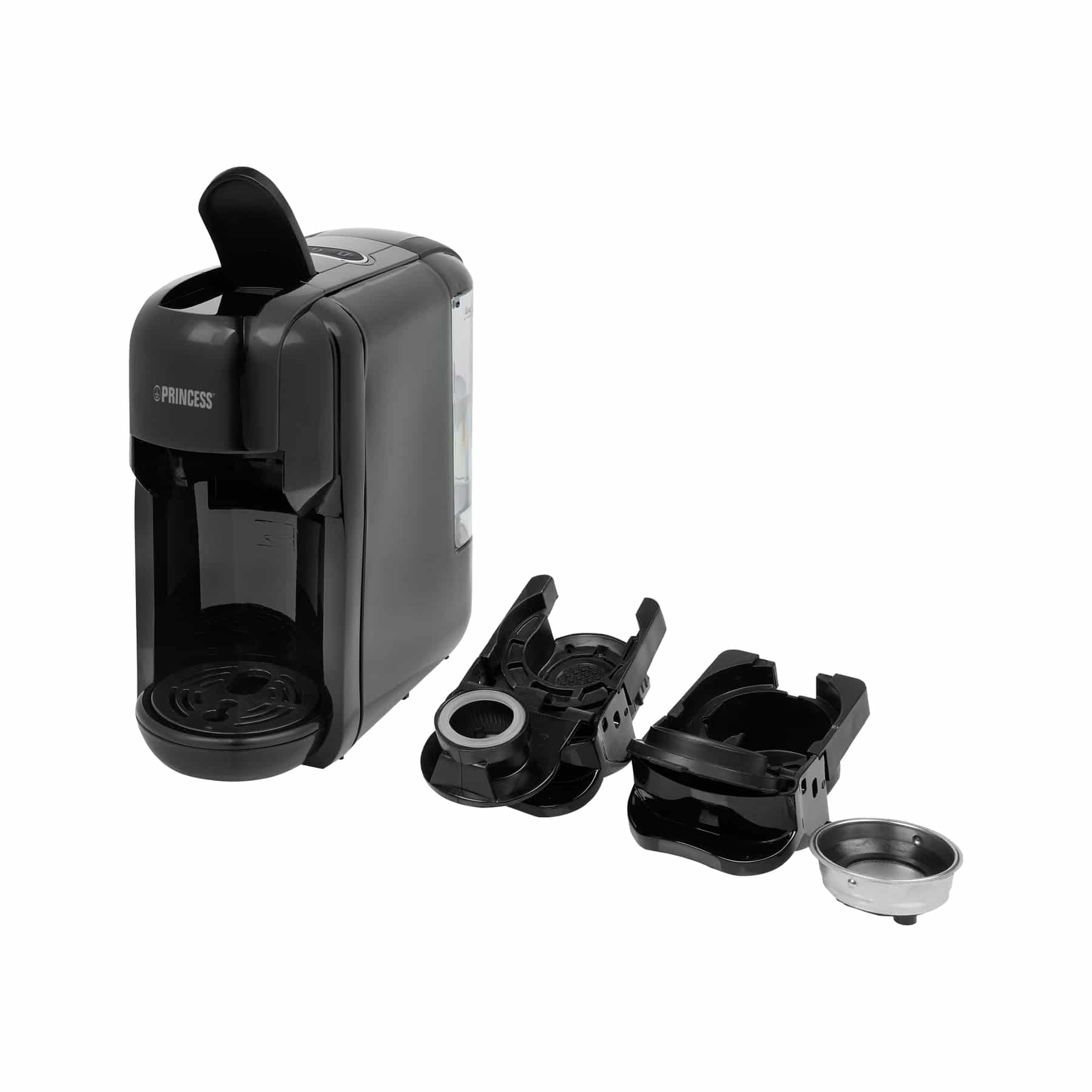 Czarny ekspres do kawy z odłączonymi elementami, w tym zbiornikiem na wodę i uchwytem na kawę.