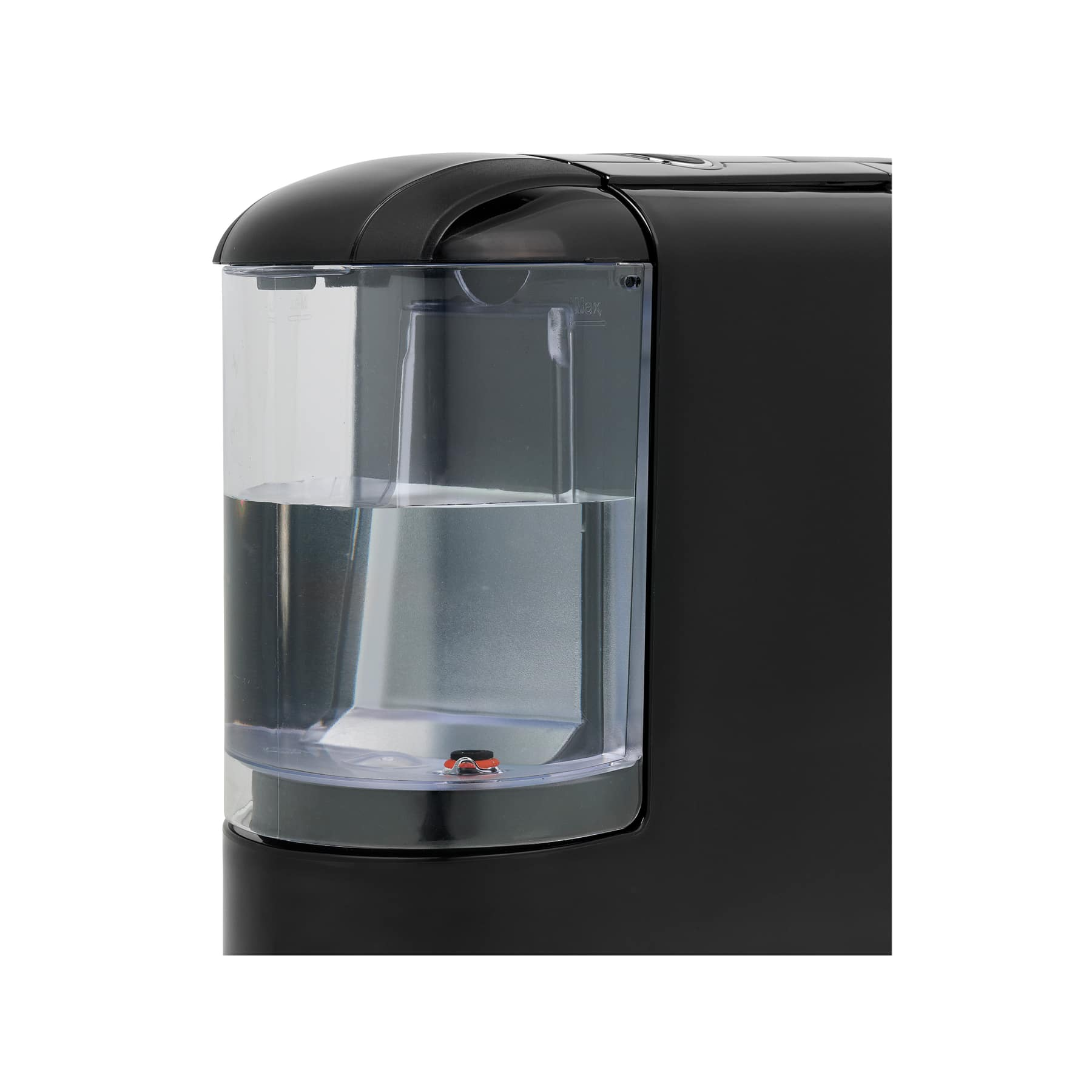 Czarny zbiornik na wodę z przezroczystą sekcją pokazującą wodę i mały czerwony pływak w środku.