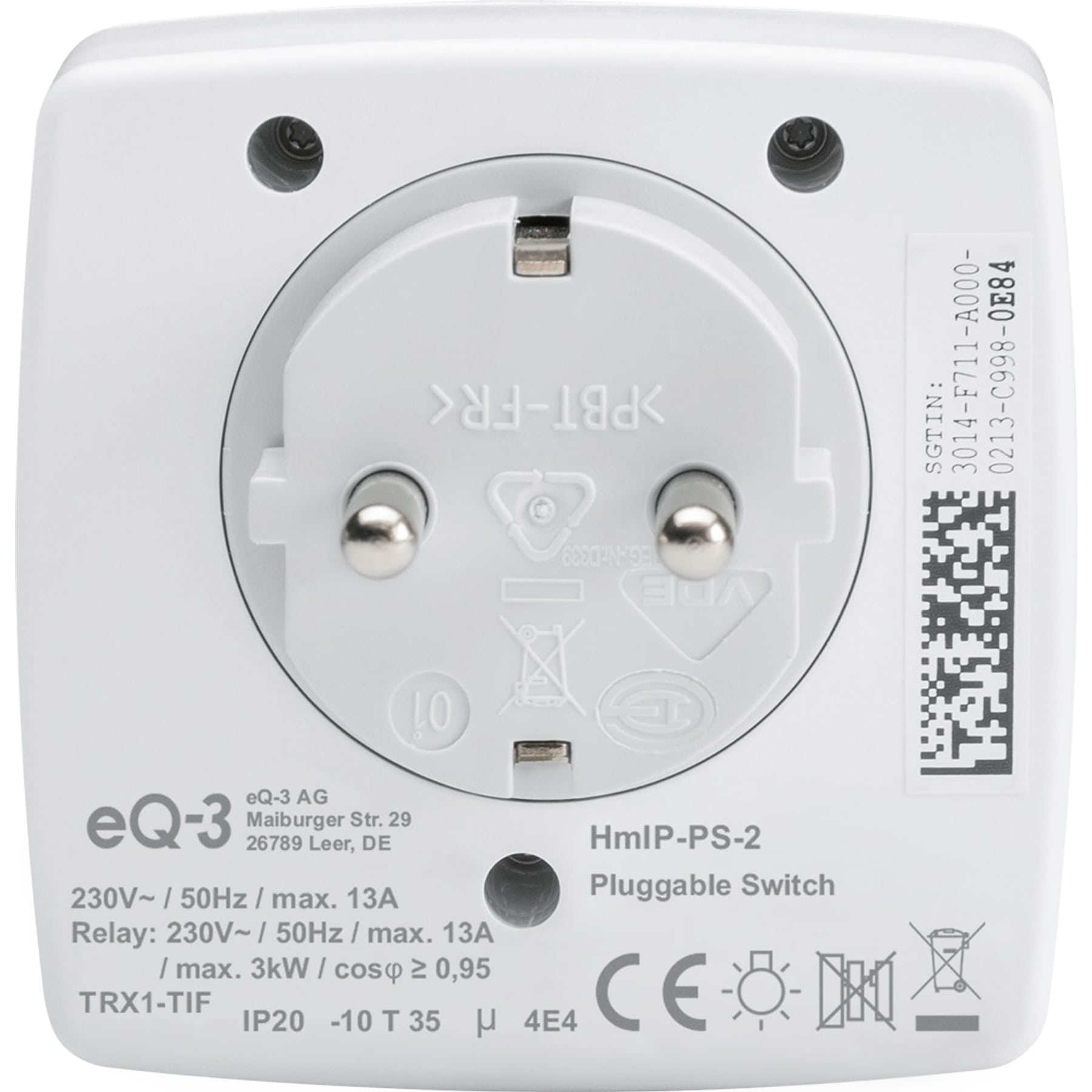 Weißer elektrischer Stecker mit schwarzem Text. QR-Code neben schwarzem Rechteck auf weißem Hintergrund.