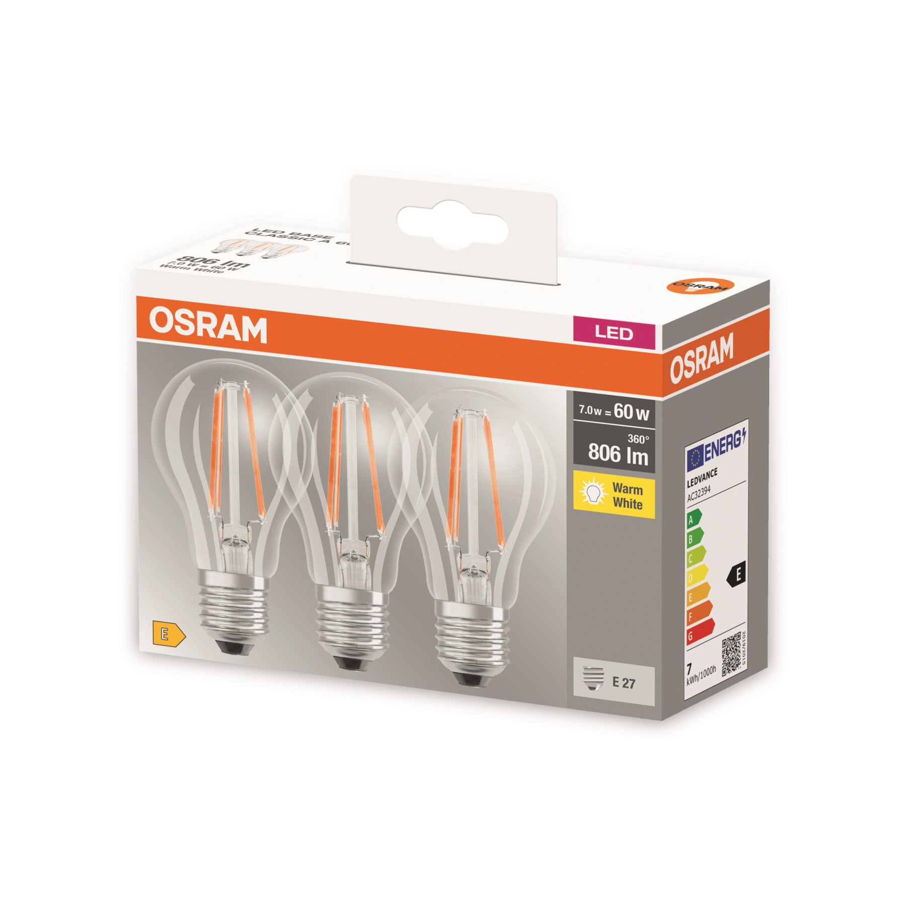 Pudełko z 3 żarówkami LED. Pudełko jest biało-pomarańczowe, z logo OSRAM i LED oraz informacjami o energii.