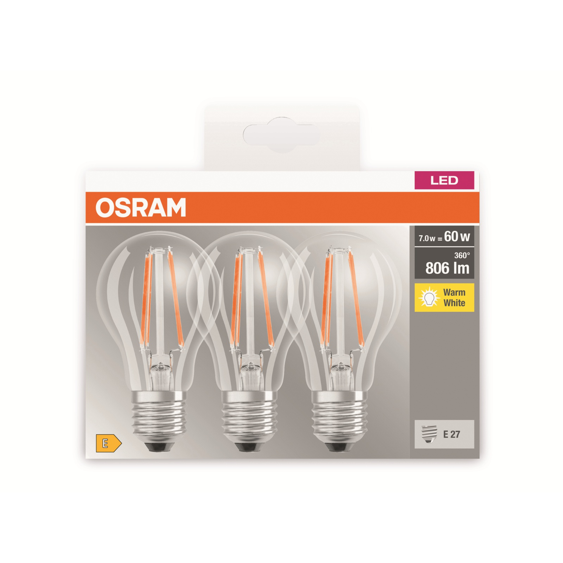 Trzy żarówki LED w pudełku. Pudełko ma markę OSRAM i informacje o żarówkach.