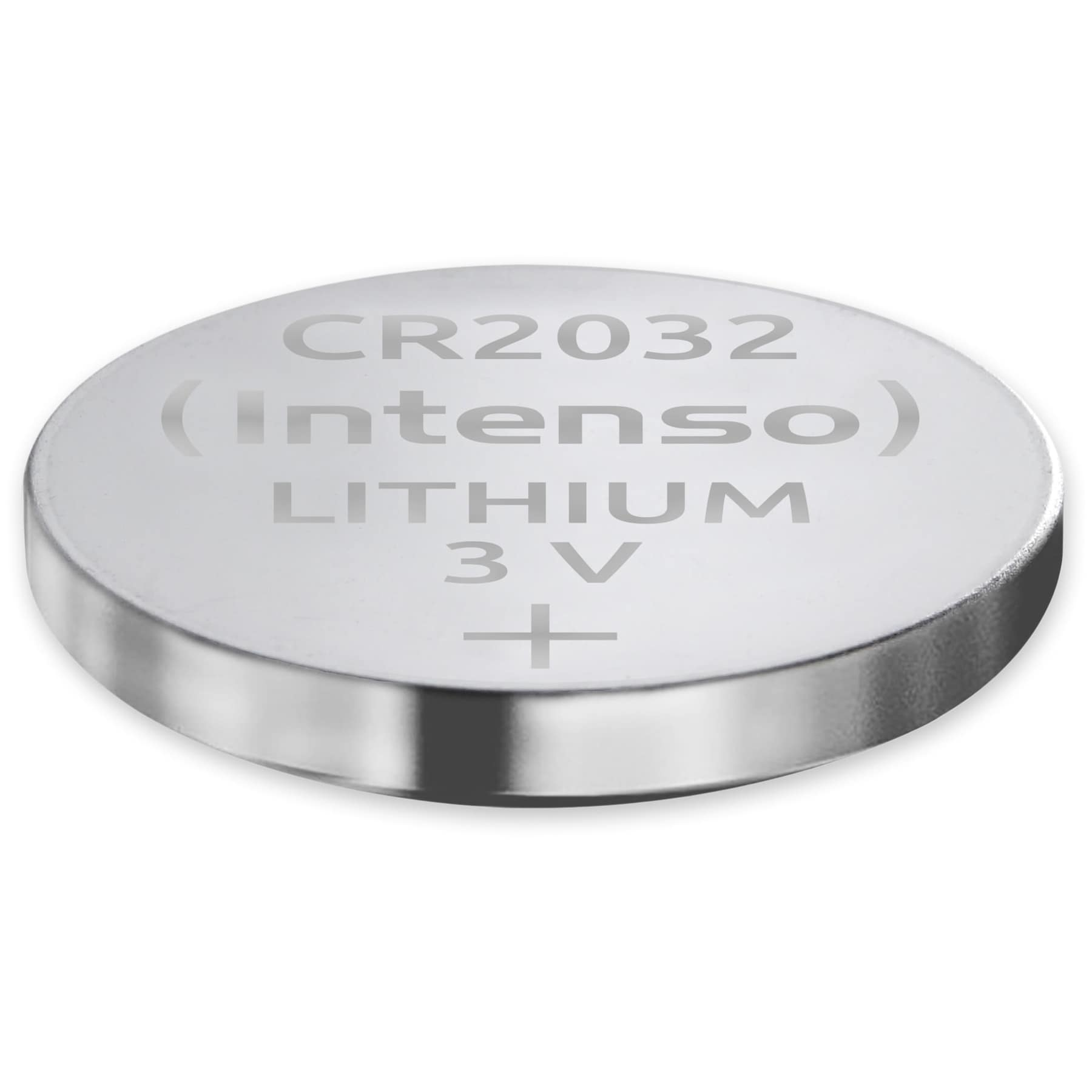Srebrna bateria litowa CR2032. Ma CR2032, Intenso, lit, a na niej znak plus.