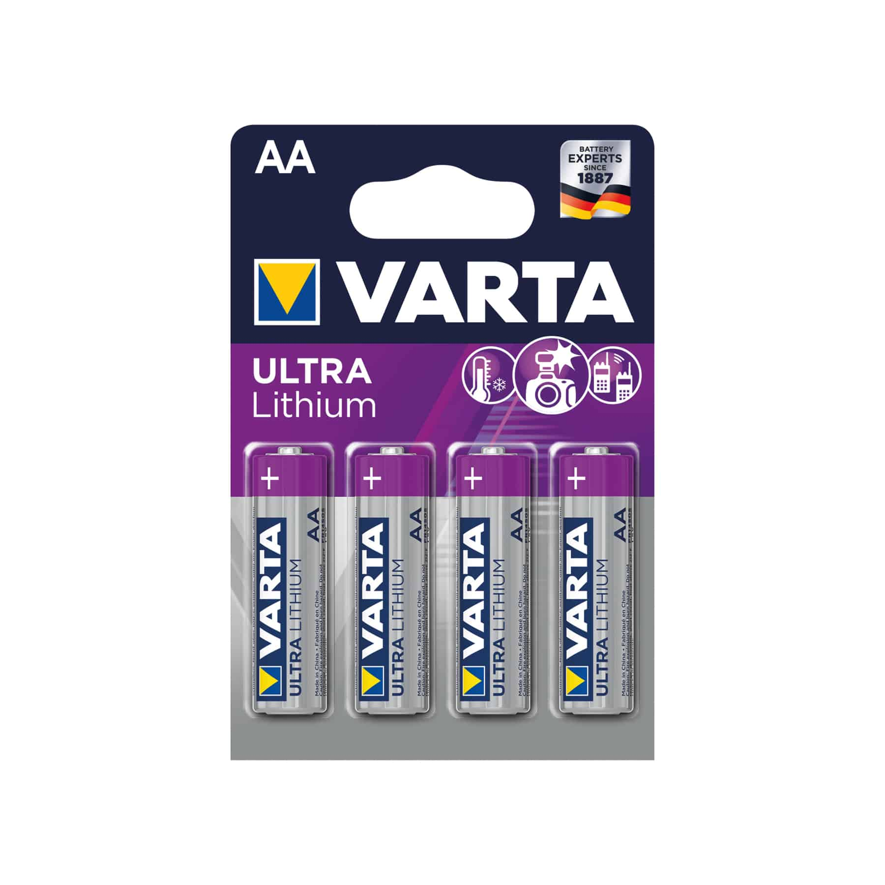 Een blisterverpakking met vier AA Varta Ultra Lithium batterijen. Paarse en zilveren verpakking.