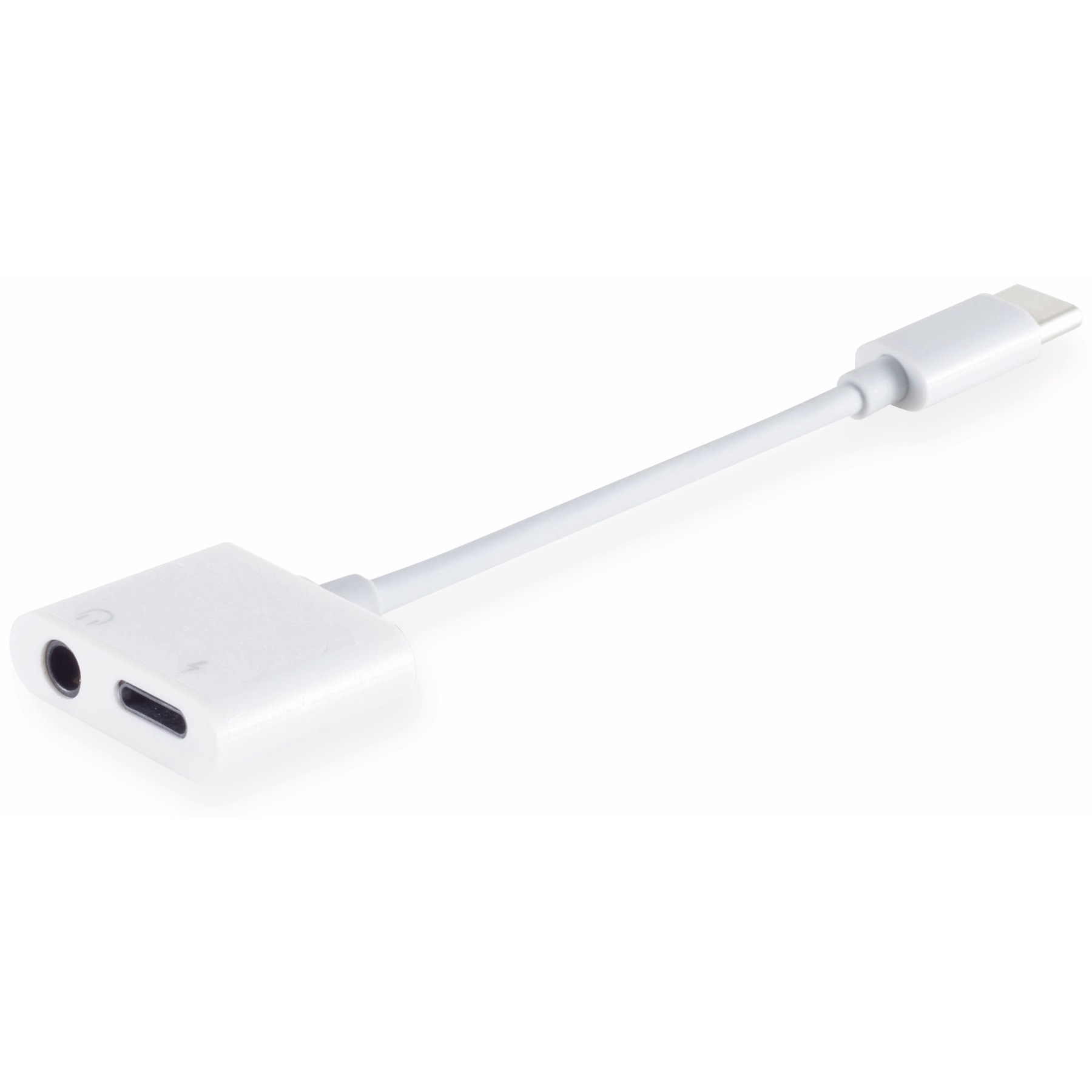 Weißer Adapter mit USB-C-Anschluss und 3,5-mm-Audioanschluss. Weißer Hintergrund.