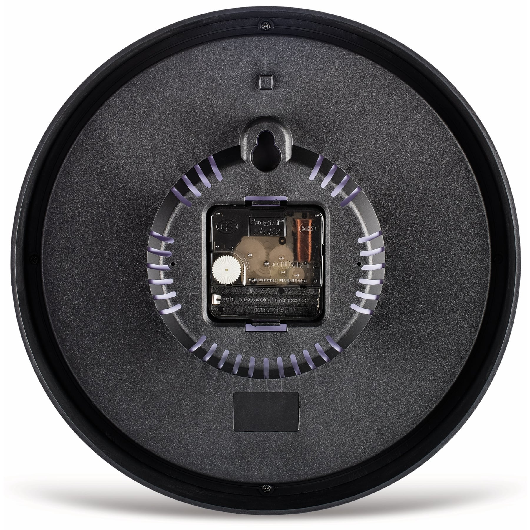 Rückseite einer schwarzen Uhr mit Quarzwerk und Batterieabdeckung.