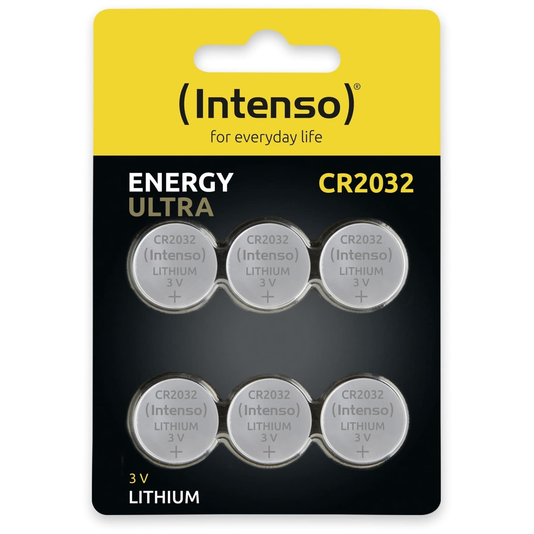 Blister z bateriami guzikowymi, z etykietą CR2032 (Intenso). Czarne i żółte opakowanie. Białe tło.