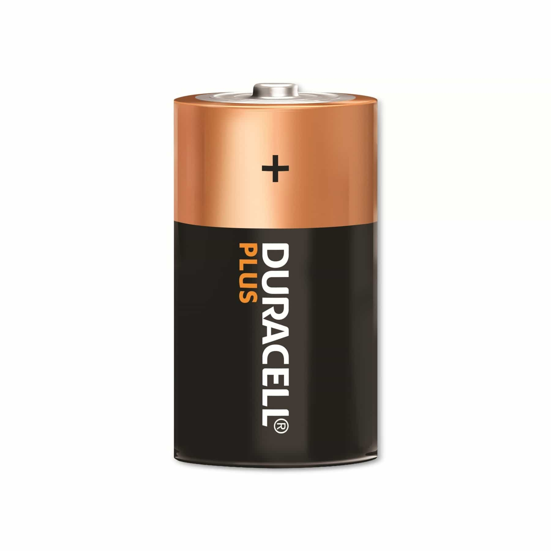 Pila Duracell Plus AA, nera e rame, con un segno più. Sfondo bianco.