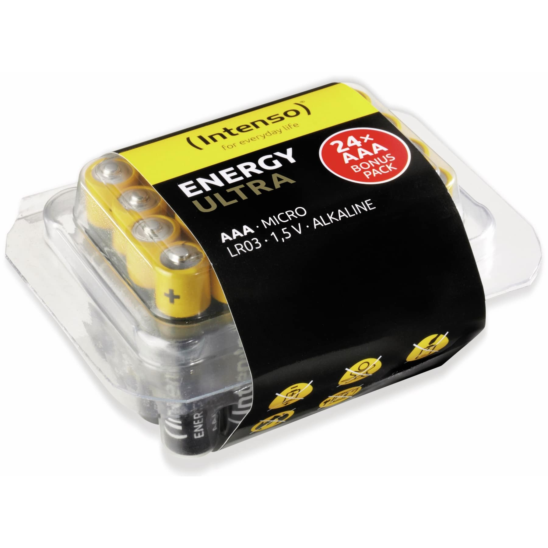 Przezroczyste plastikowe etui z kilkoma bateriami AAA. Etui ma czarną etykietę z żółtym tekstem.