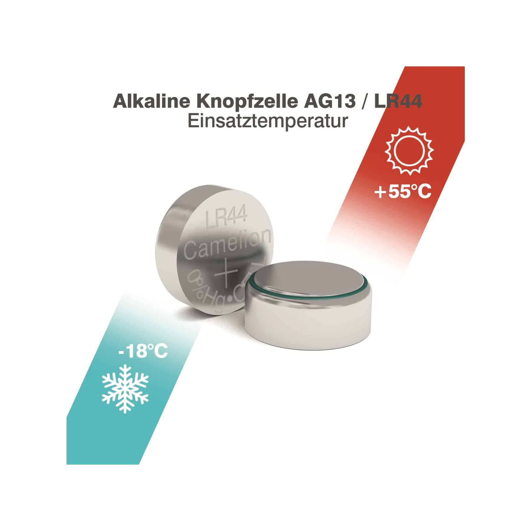 Dwie baterie guzikowe, jedna w fokusie. Tekst: Alkaline Knopfzelle AG13/LR44. Zakres temperatur.