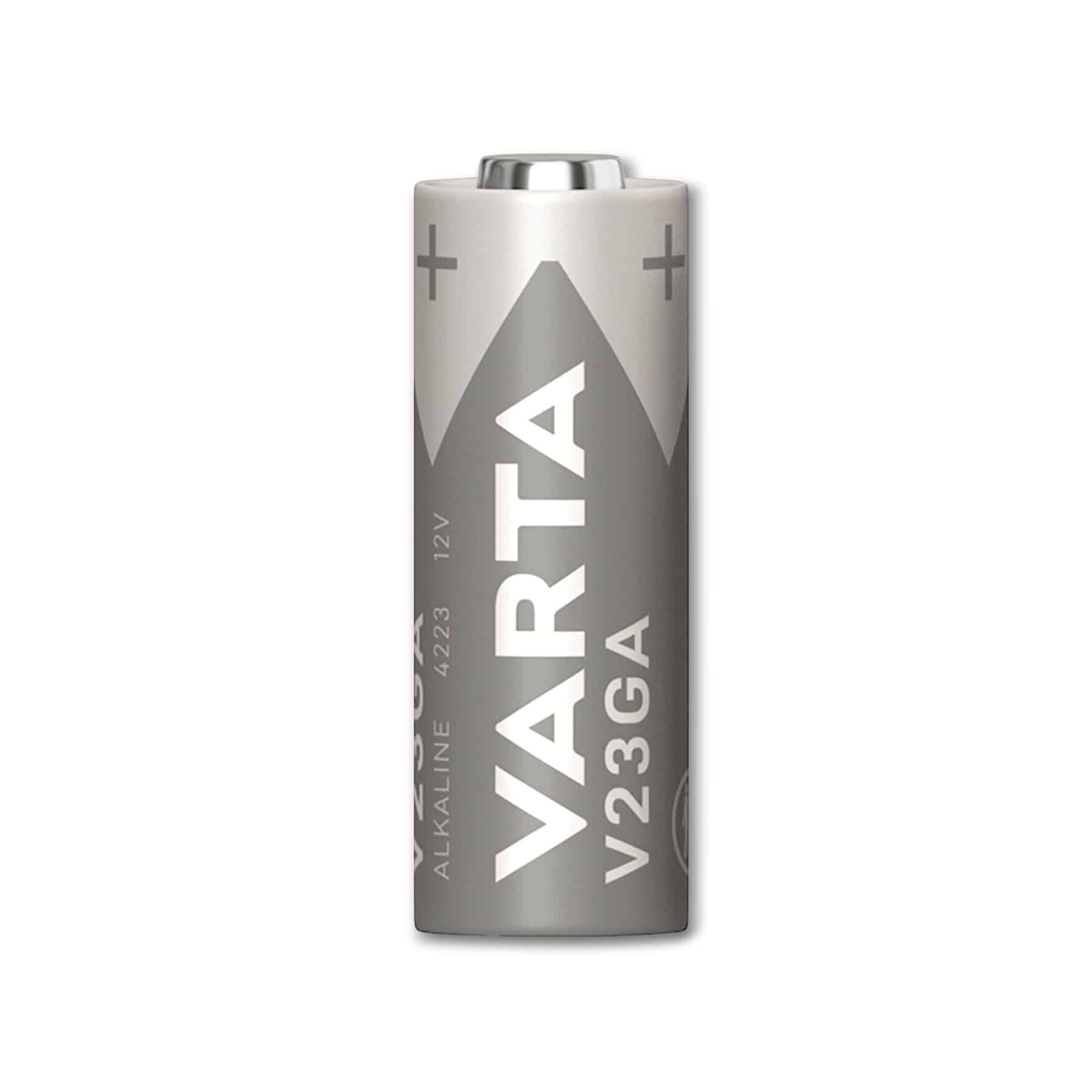 Una pila Varta V23GA plateada con texto VARTA blanco y signos más sobre un fondo blanco.