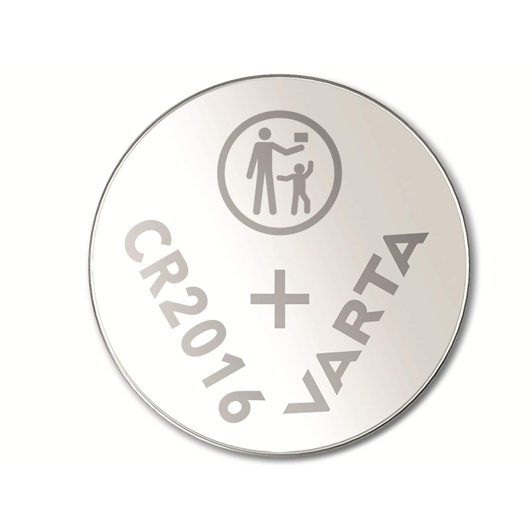 Srebrna bateria CR2016 Varta ze znakiem ostrzegawczym. Tekst: CR2016 + VARTA.