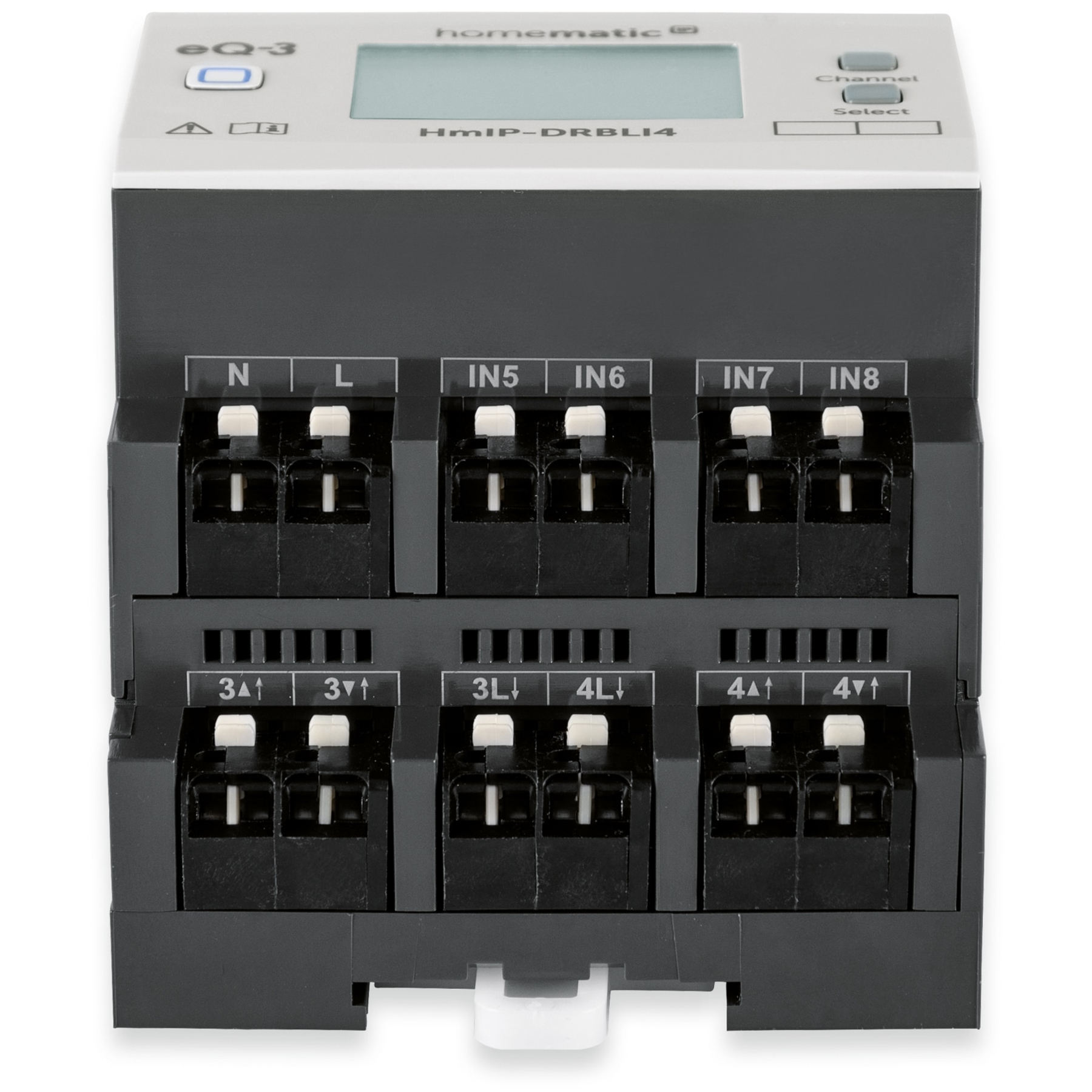 Graues elektrisches Gerät mit verschiedenen Klemmen, Knöpfen und einem Display.