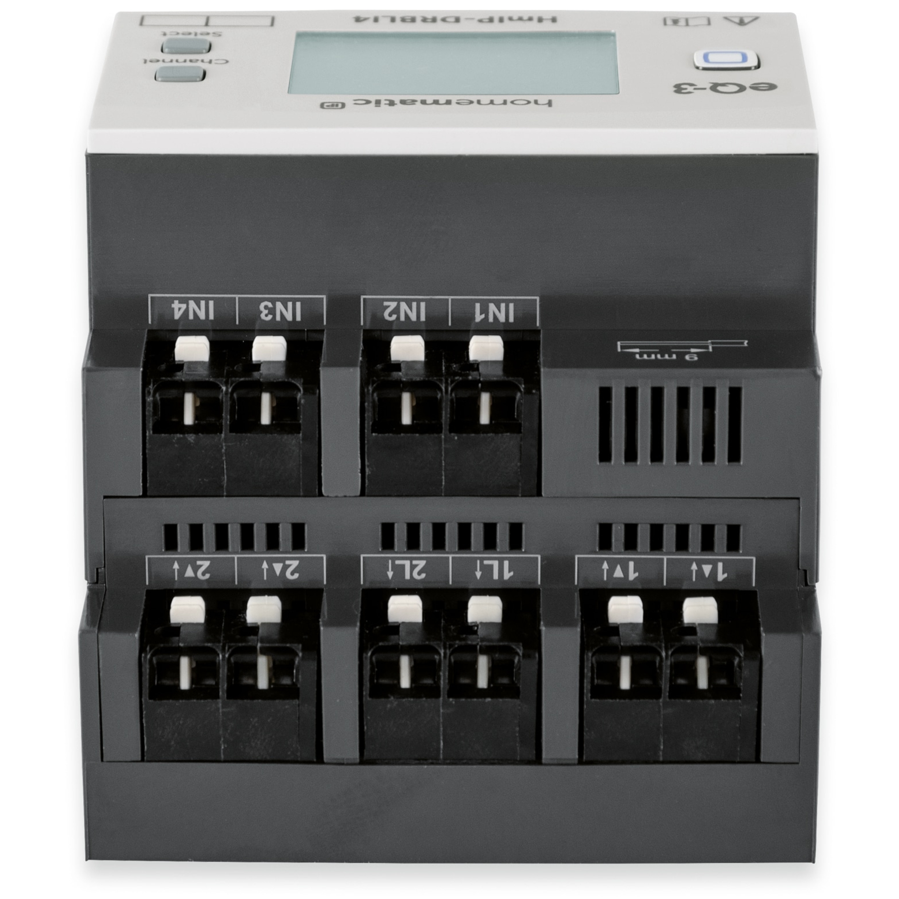 Graues elektronisches Gerät mit mehreren Eingangsports und kleinem Display, weißer Oberseite.