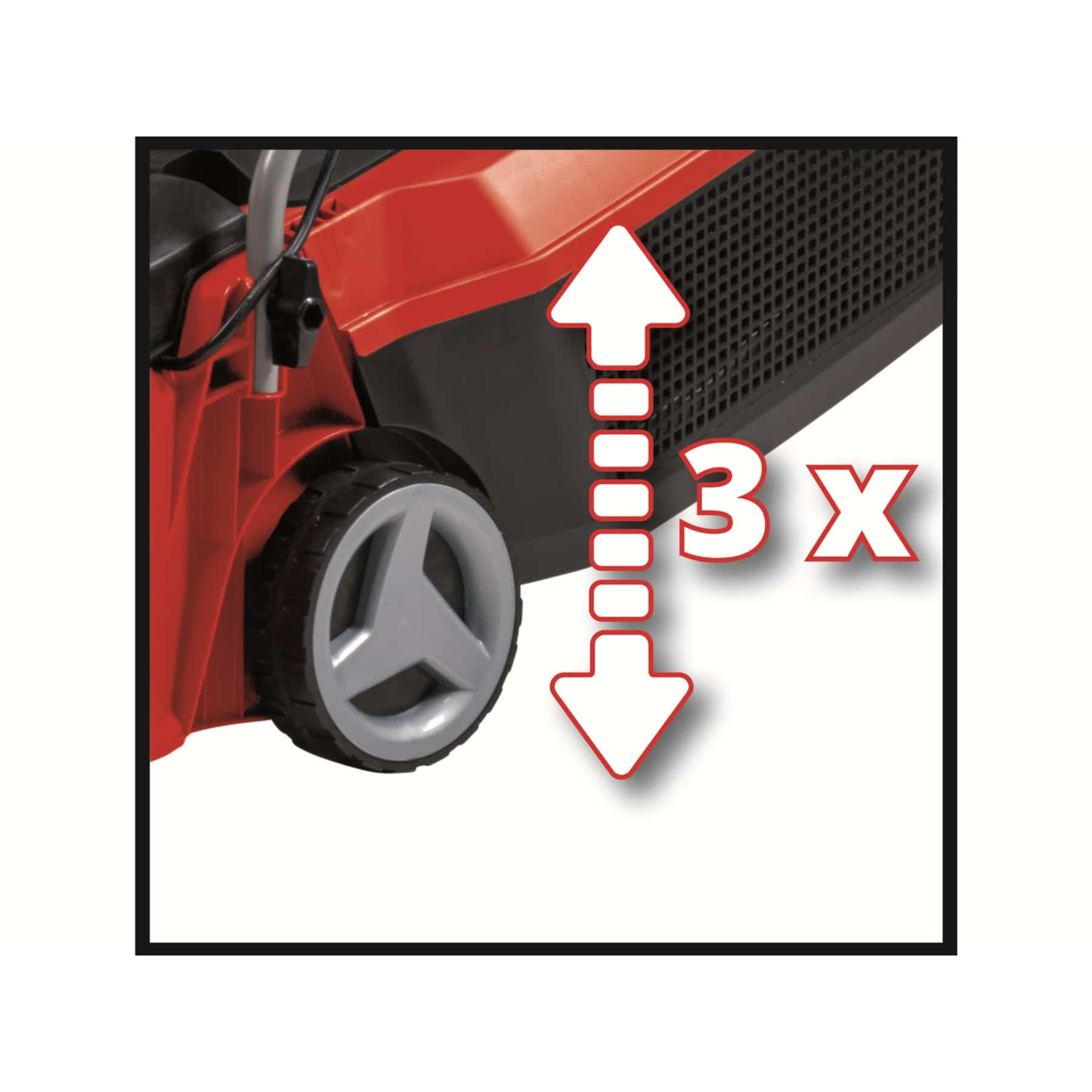 Un cortacésped rojo con una rueda y flechas que indican un ajuste 3x.