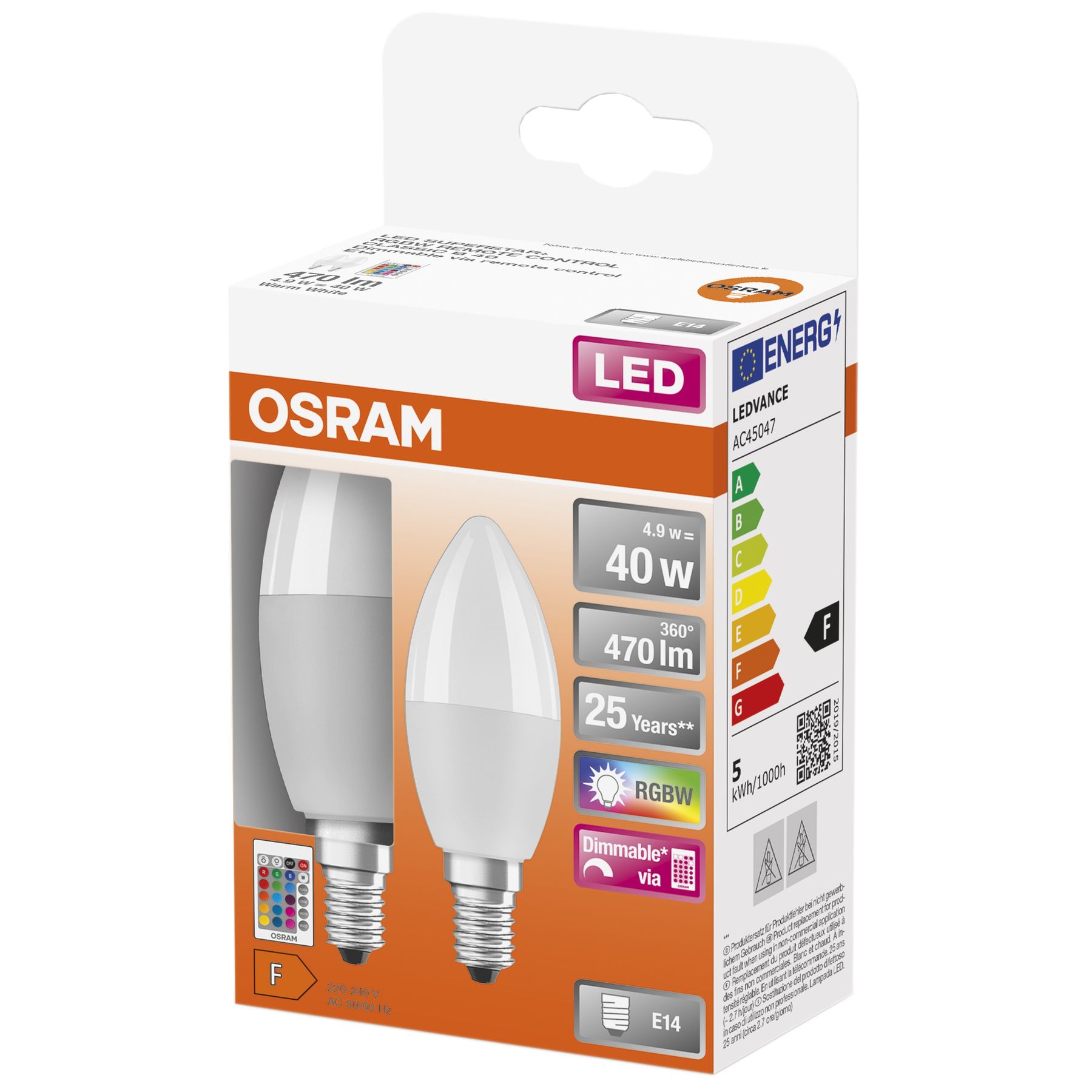 OSRAM LED-Glühbirnenbox mit zwei Glühbirnen. Weißer Hintergrund. Energieeffizienzlabel.