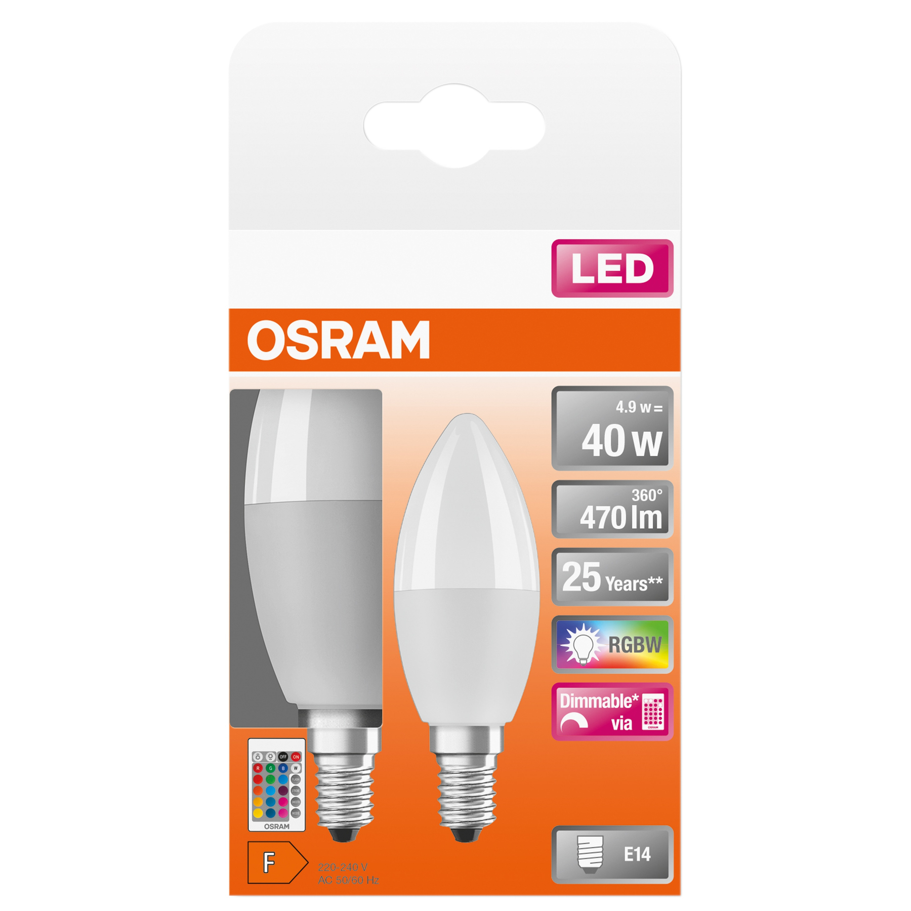 Weiße und silberne LED-Glühbirne in der Verpackung. Details sind Wattzahl, Lumen und Lebensdauer.