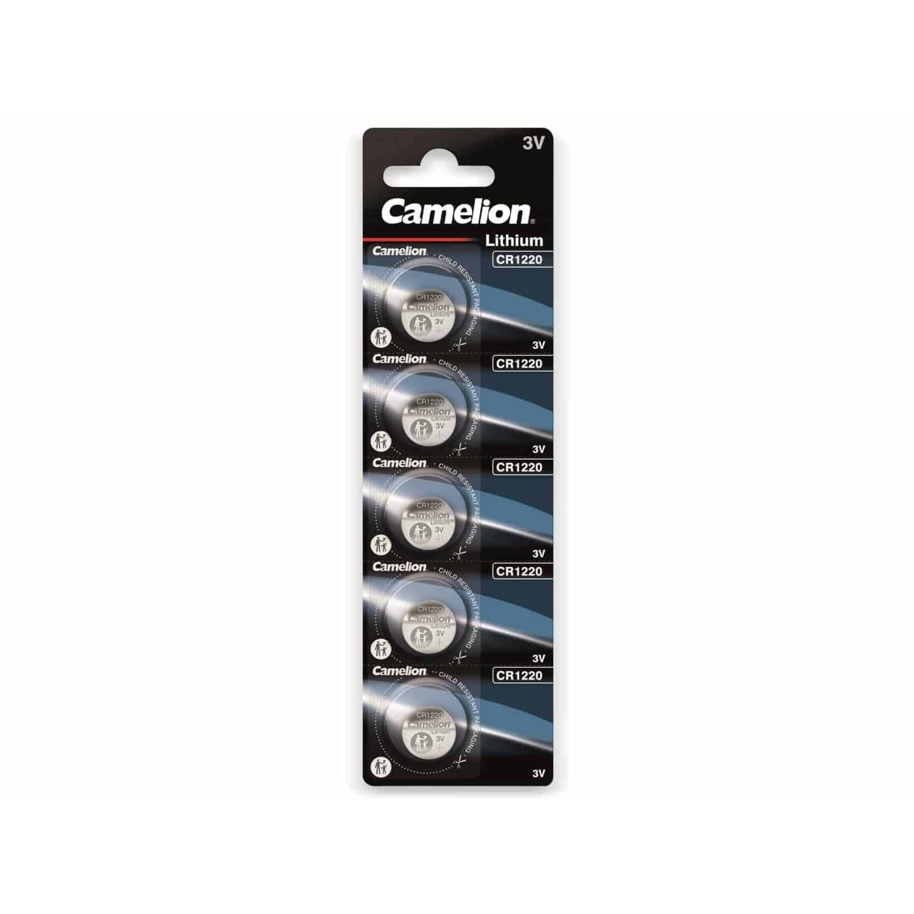 Confezione blister contenente cinque batterie al litio Camelion CR1220.