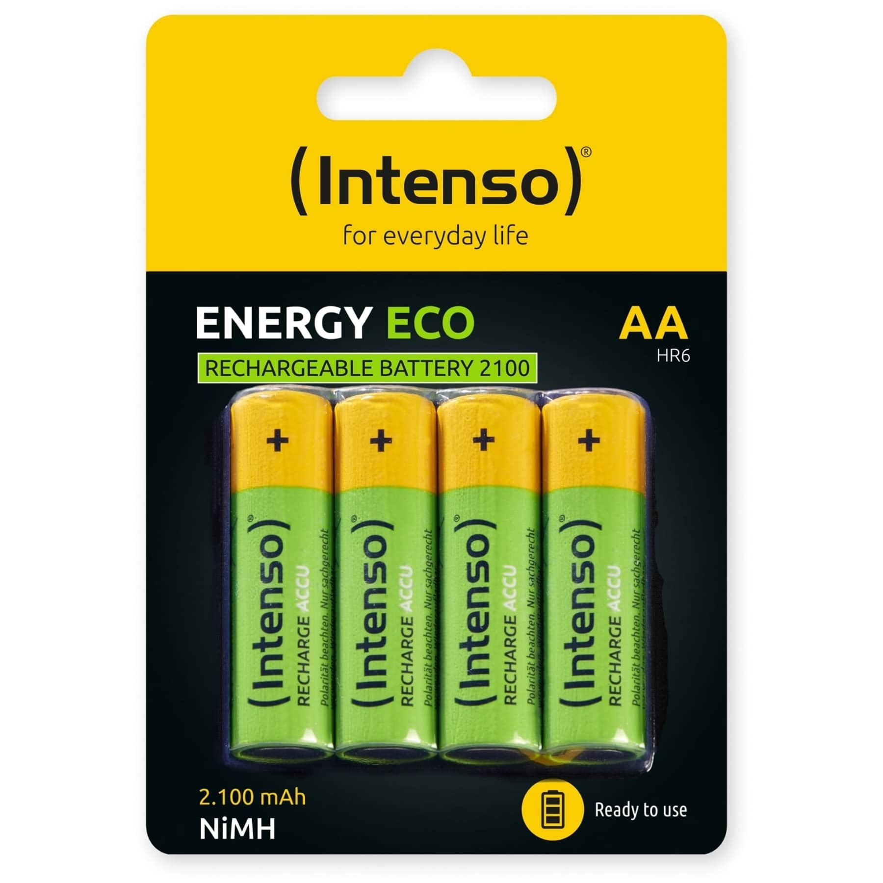 Cztery akumulatory AA w zielono-żółtym blistrze.