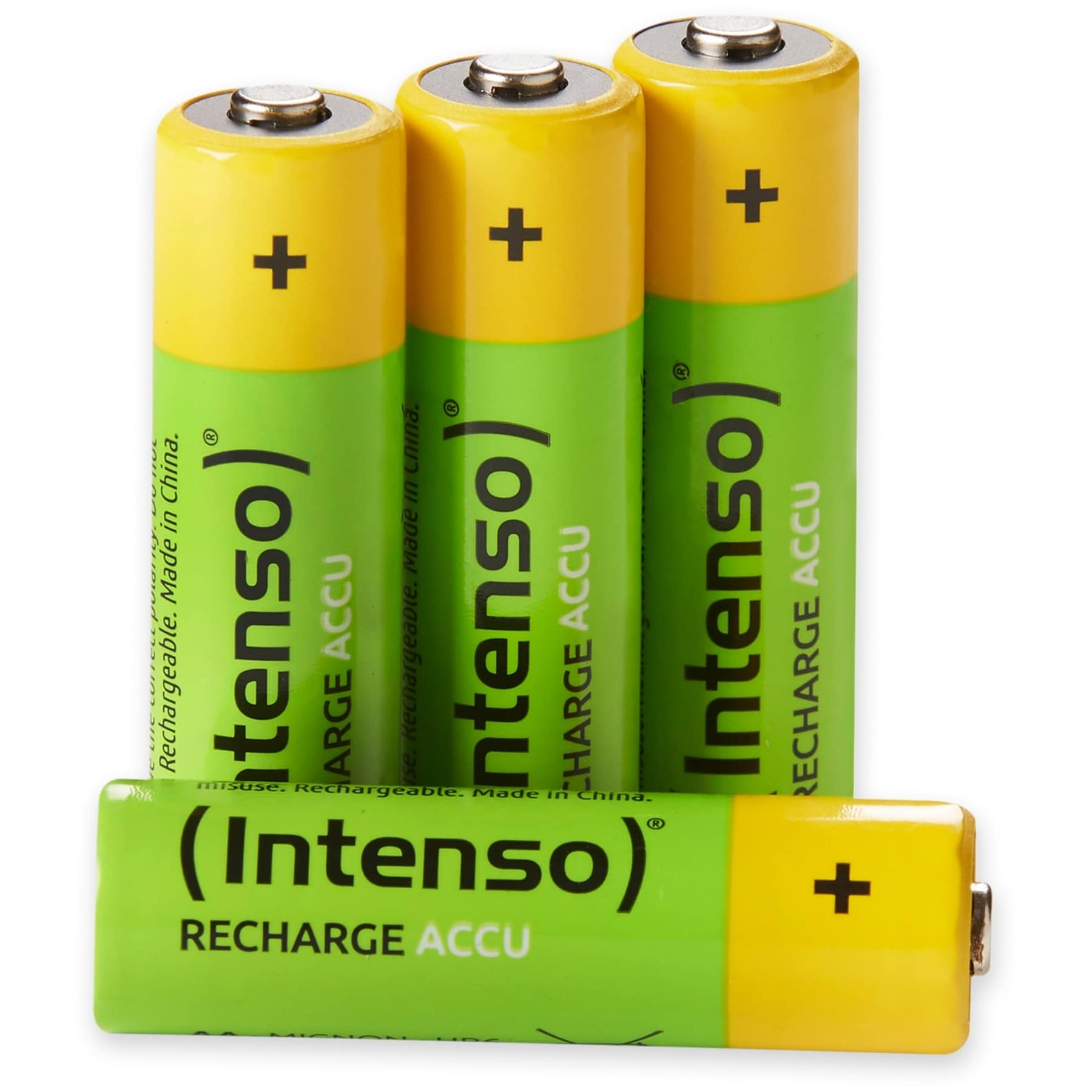 Trzy baterie AA, żółte wierzchołki i zielone korpusy. Jedna bateria leżąca.