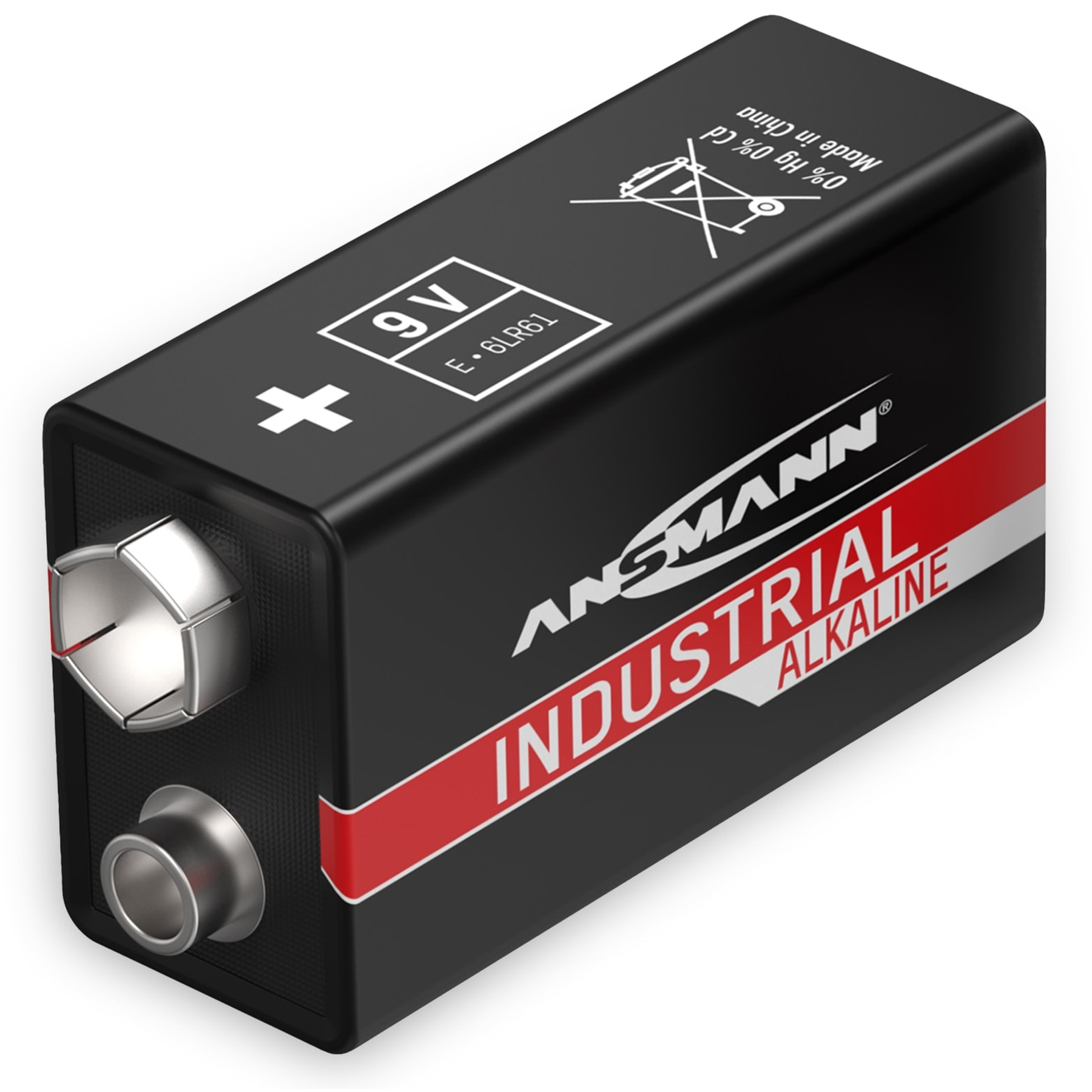 Schwarze 9V-Batterie mit rotem und weißem Text und Symbolen. Die Marke ist Ansmann.