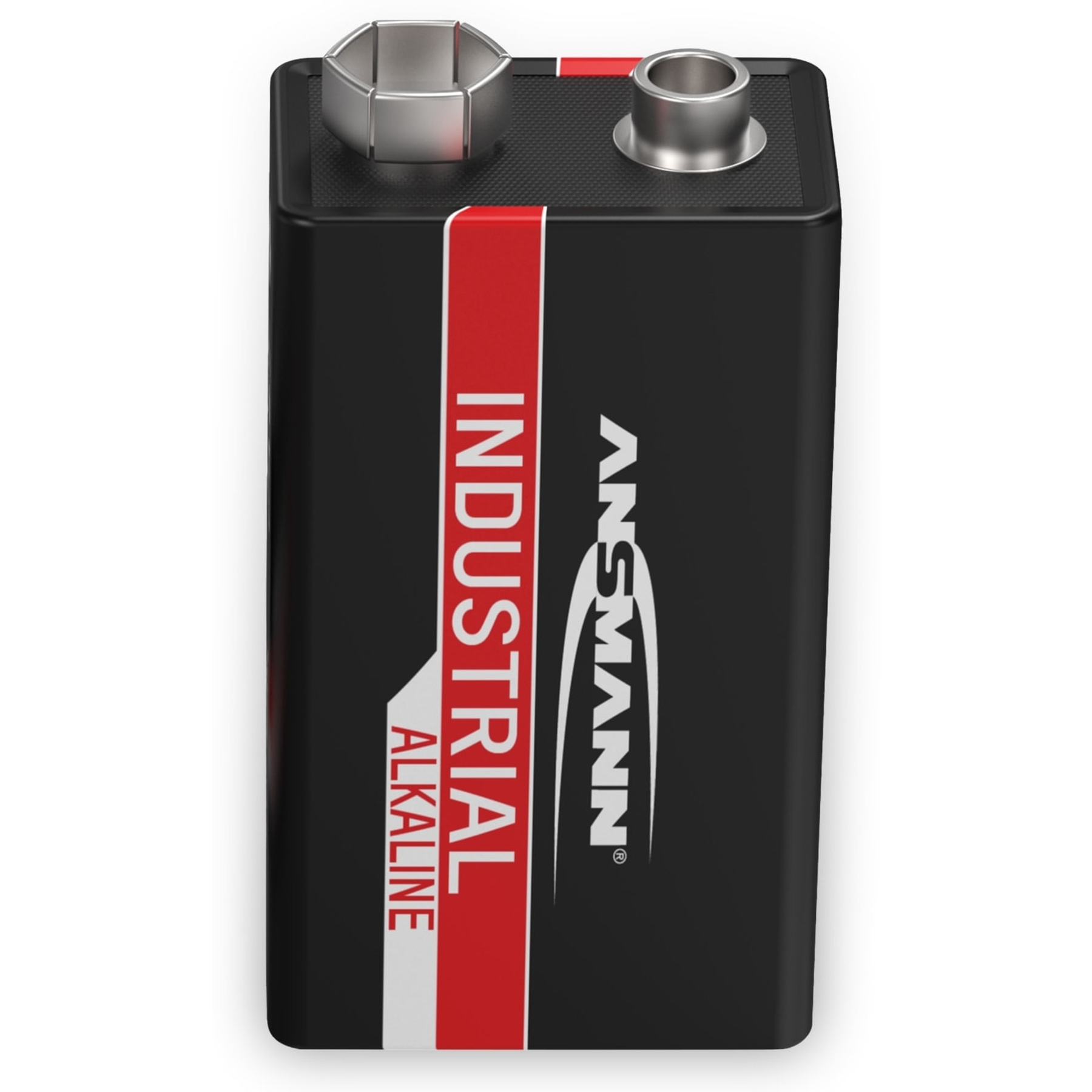 Eine schwarze industrielle 9V-Batterie mit rotem und weißem Etikett, Markenname ANSMANN.