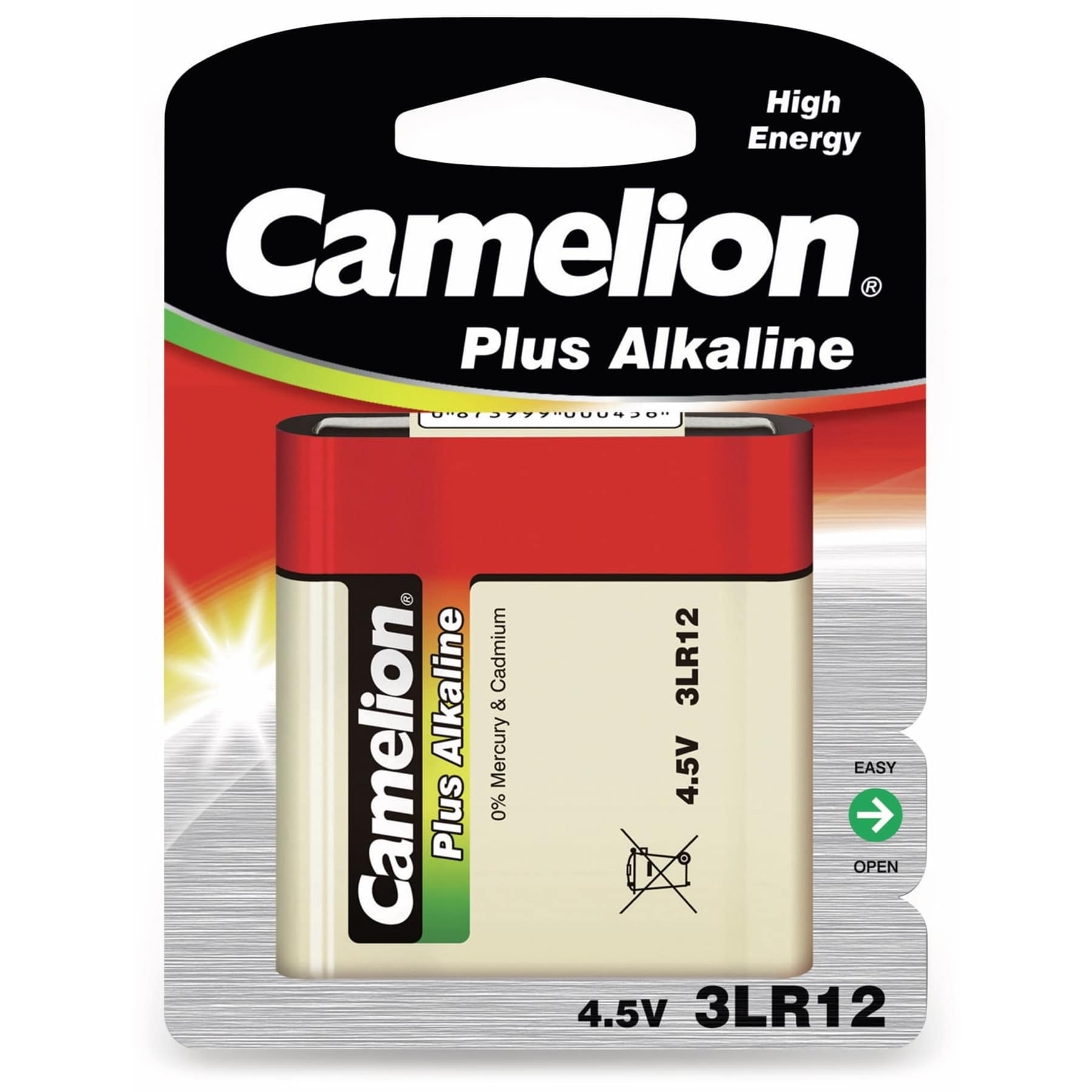 Camelion 4.5V 3LR12 batterijverpakking, rood en zwart, in blisterverpakking.