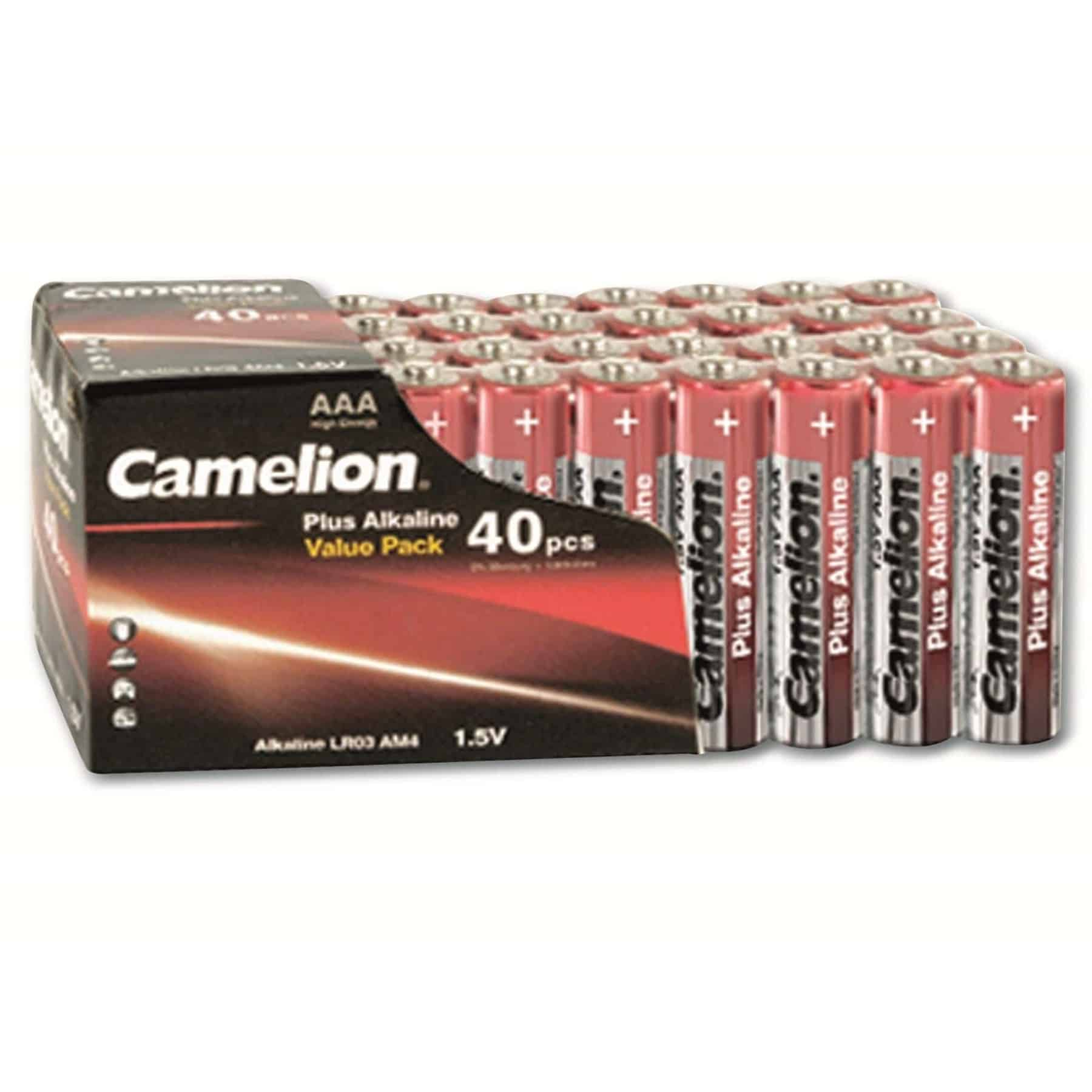 Scatola di 40 batterie AAA Camelion Plus Alkaline, rosse e argento.