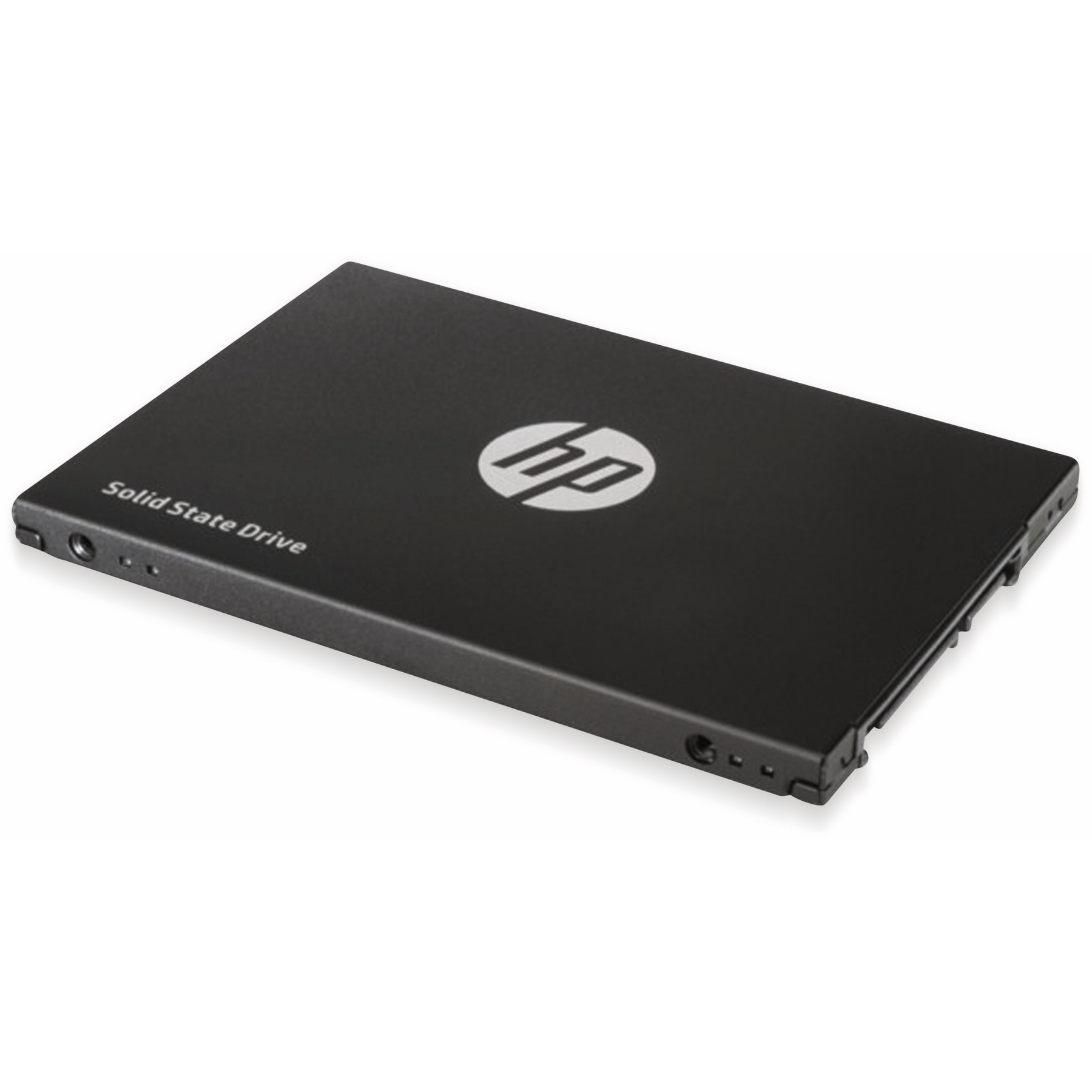 Unità SSD nera con il logo HP al centro. Solid State Drive è scritto sopra.
