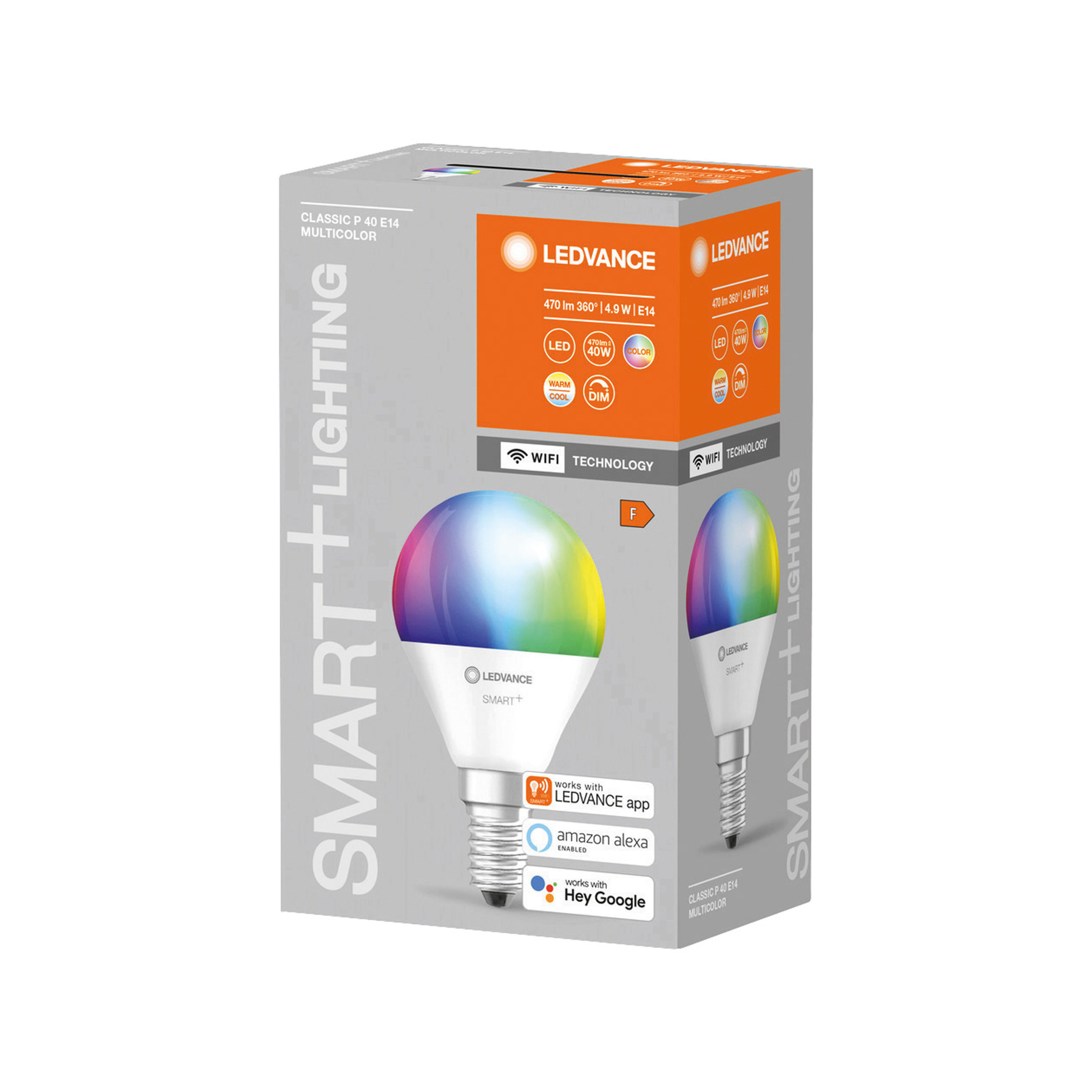 Pudełko z inteligentną żarówką LED. Żarówka z gradientem kolorów. Białe tło.