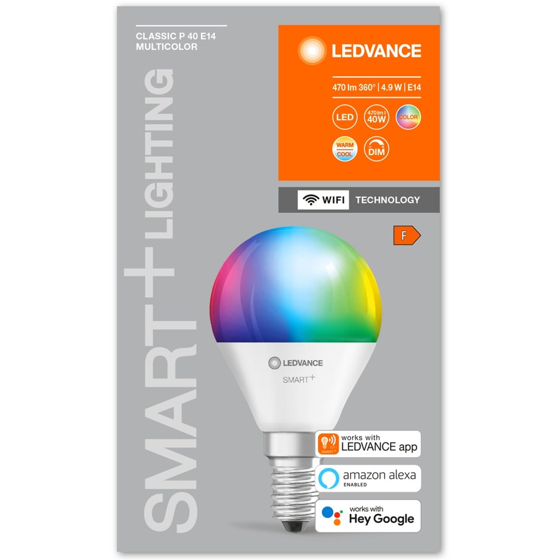 Inteligentna żarówka LED w pudełku, z tekstem i grafiką opisującą jej funkcje.