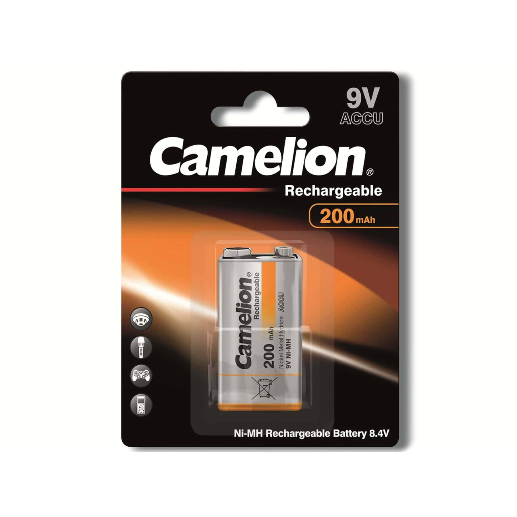 Pakiet akumulatorów Camelion 9V z tekstem i grafiką.