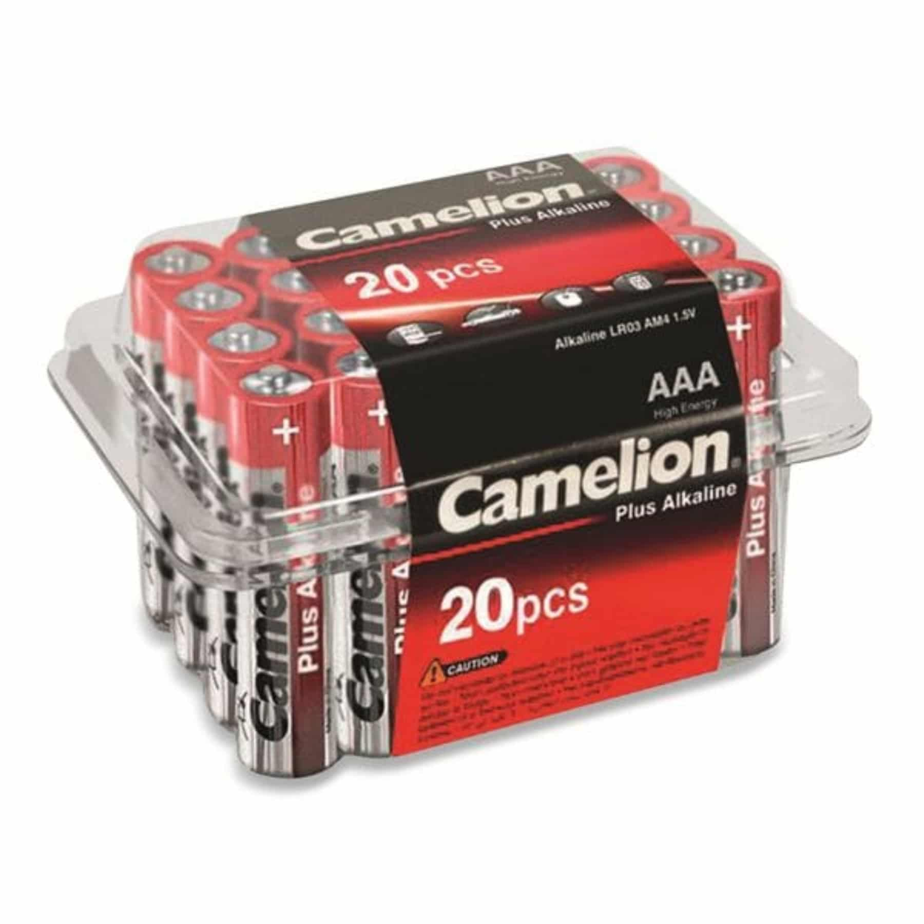 Confezione trasparente in plastica con 20 batterie AAA Camelion Plus Alkaline.