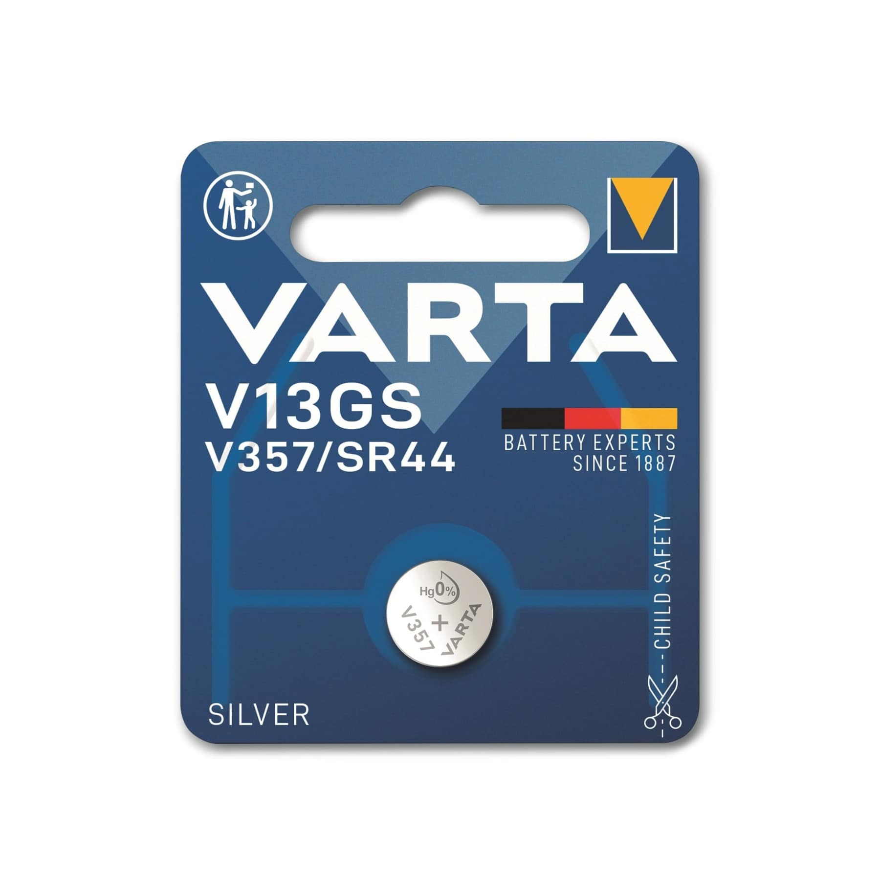 Bateria VARTA V13GS w niebiesko-białym blistrze ze srebrną baterią.