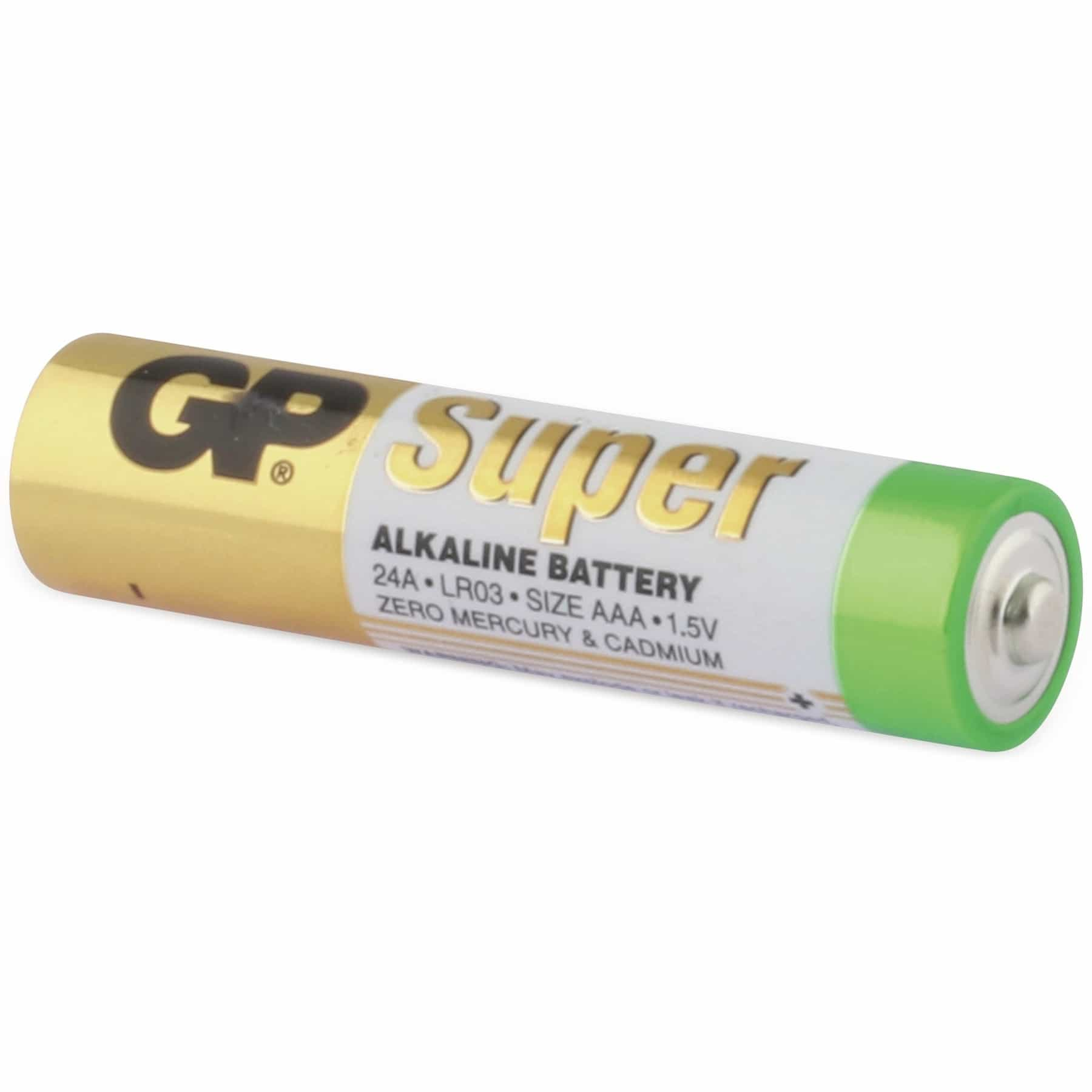 Pojedyncza bateria AAA ze złotymi i zielonymi sekcjami. Bateria zawiera tekst, w tym "Super" i "Alkaline".