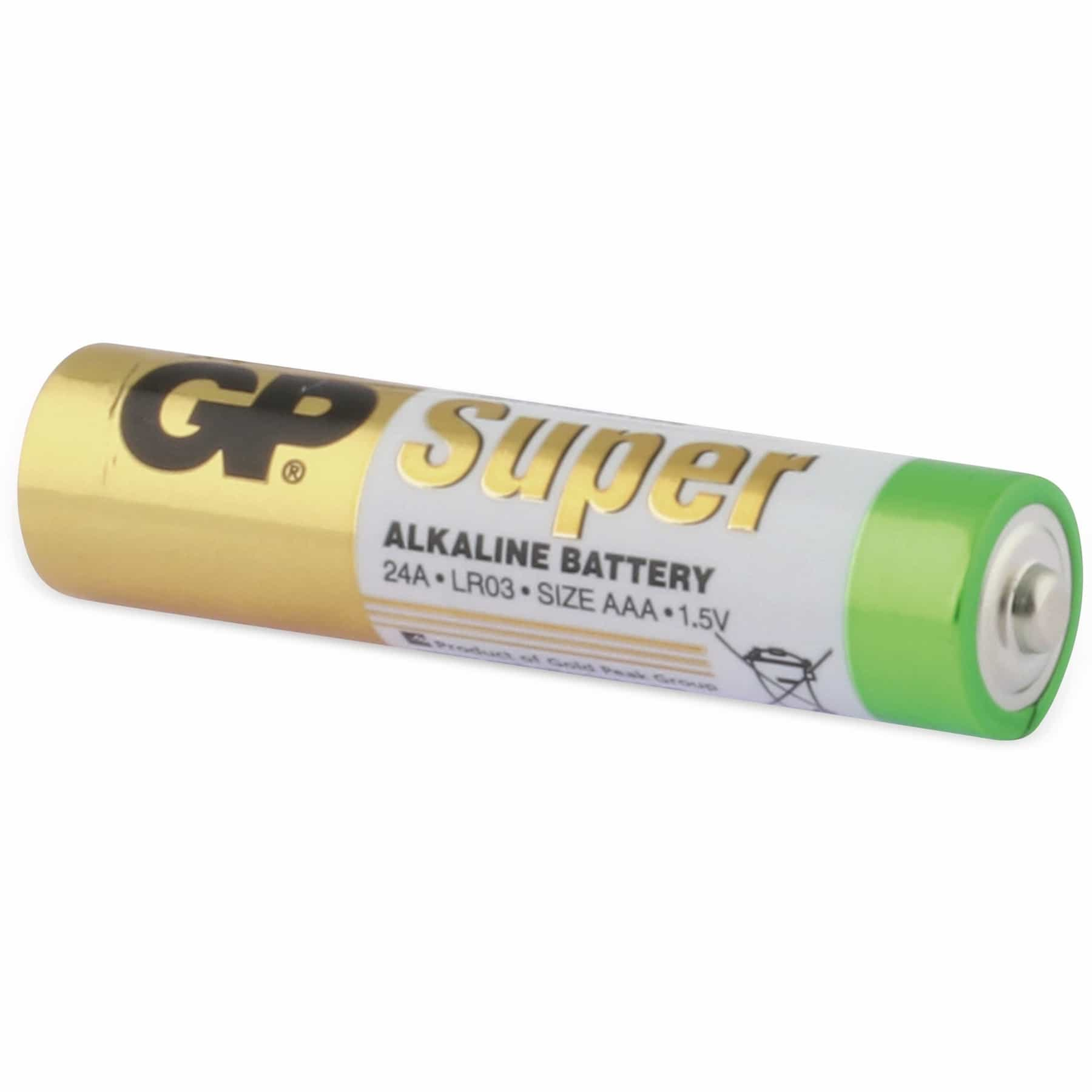 Bateria cylindryczna z etykietą 'GP Super Alkaline Battery'. Złota i biała z zielonym końcem.