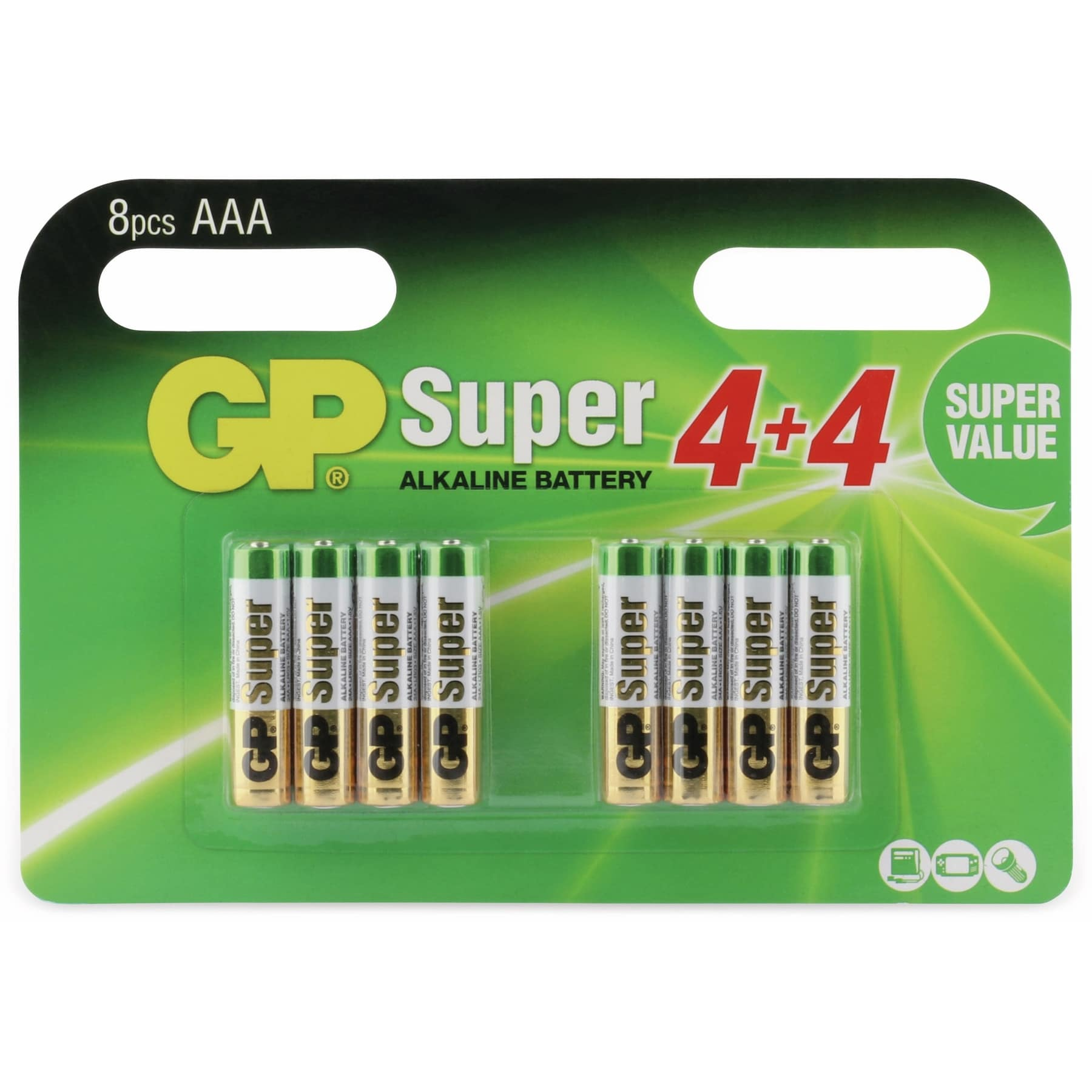 Opakowanie baterii alkalicznych AAA, zielone i złote, z marką GP Super.