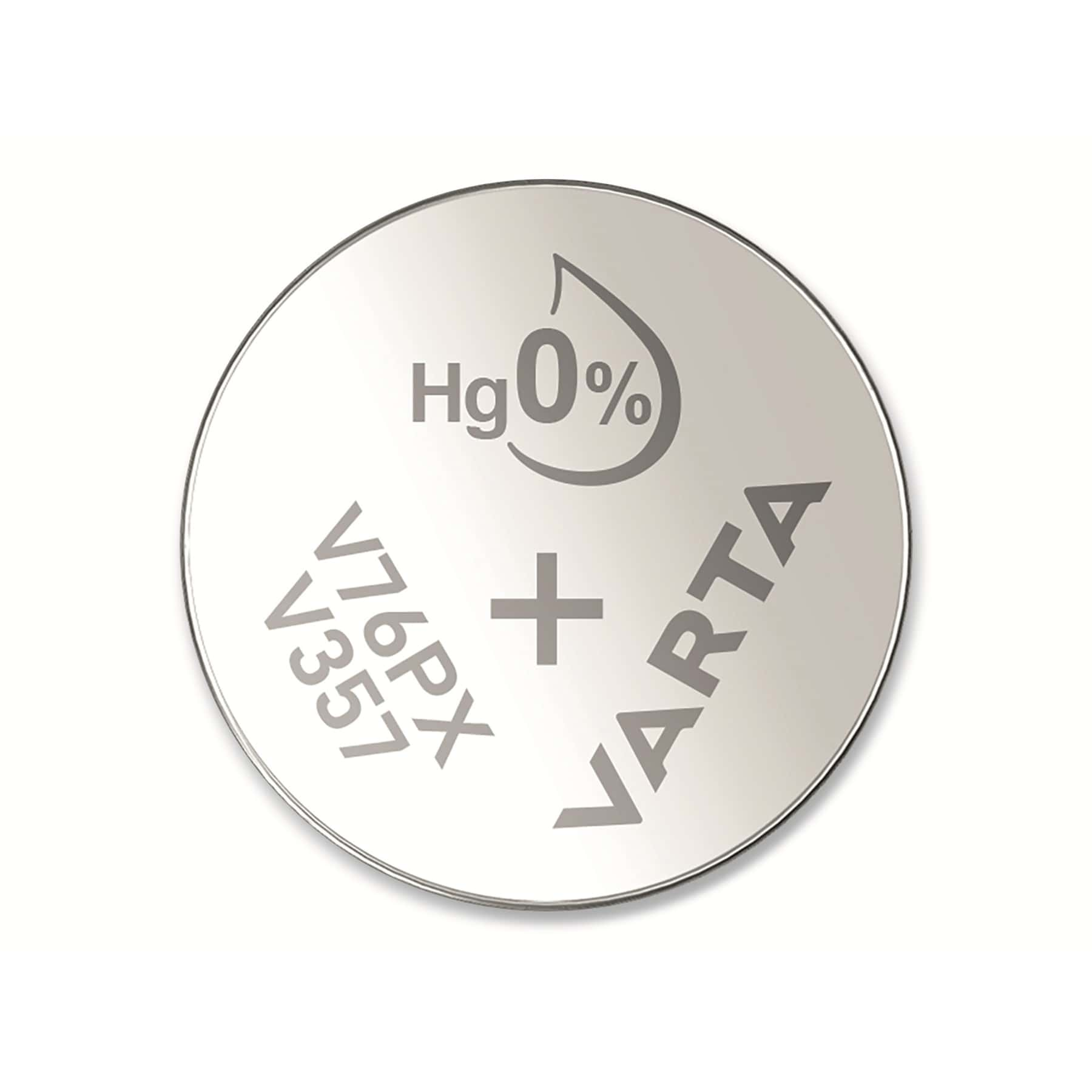 Varta V76PX/357 battery, silver, with Hg 0% symbol and Varta logo.