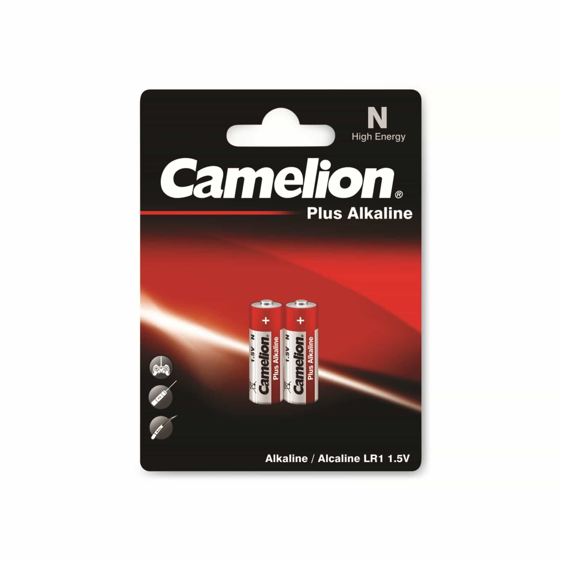 Una confezione da 2 batterie AAA. Il marchio è Camelion. Plus Alcaline 1,5 V. Su sfondo bianco.