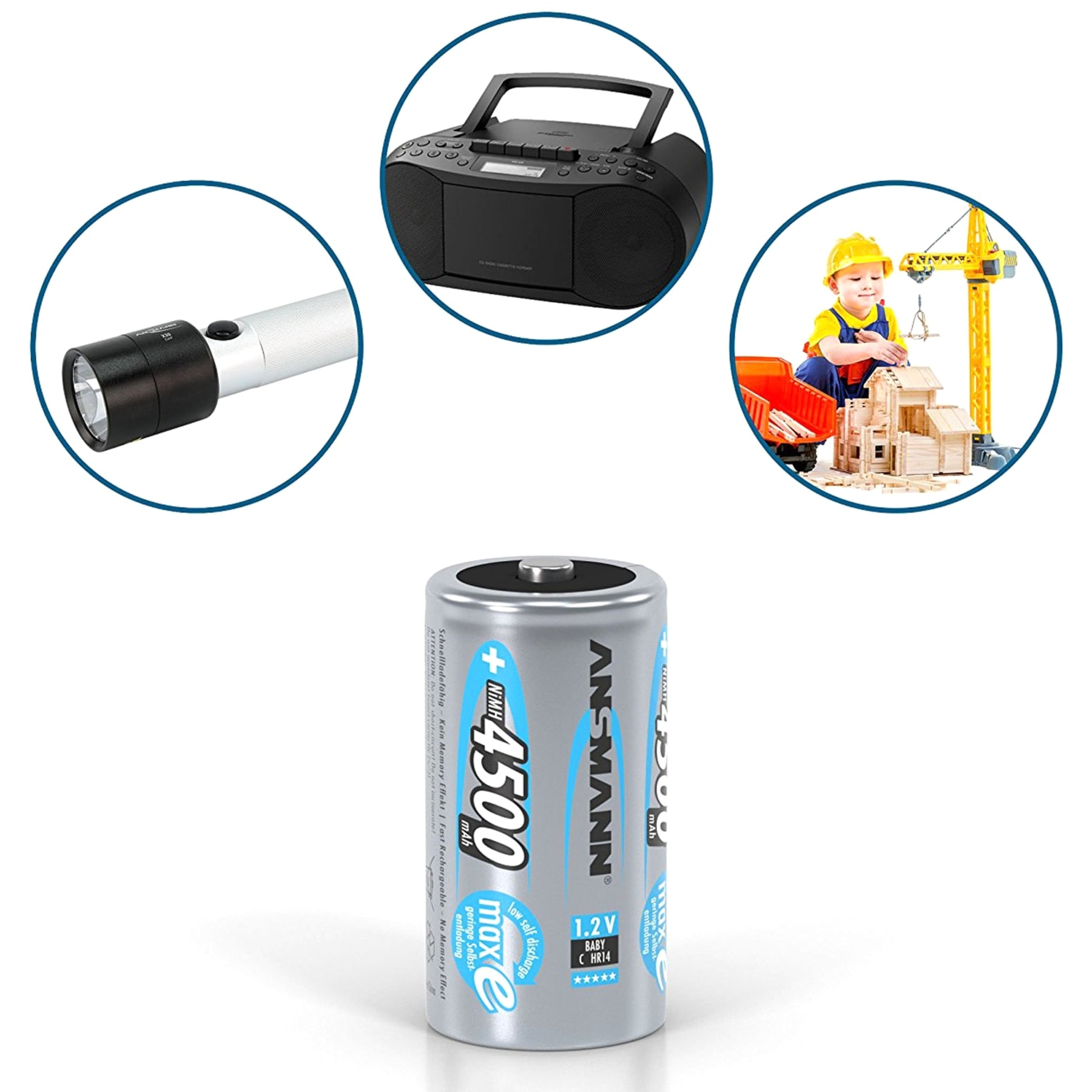 Batteria con torcia, boombox e bambino che gioca con blocchi di legno.
