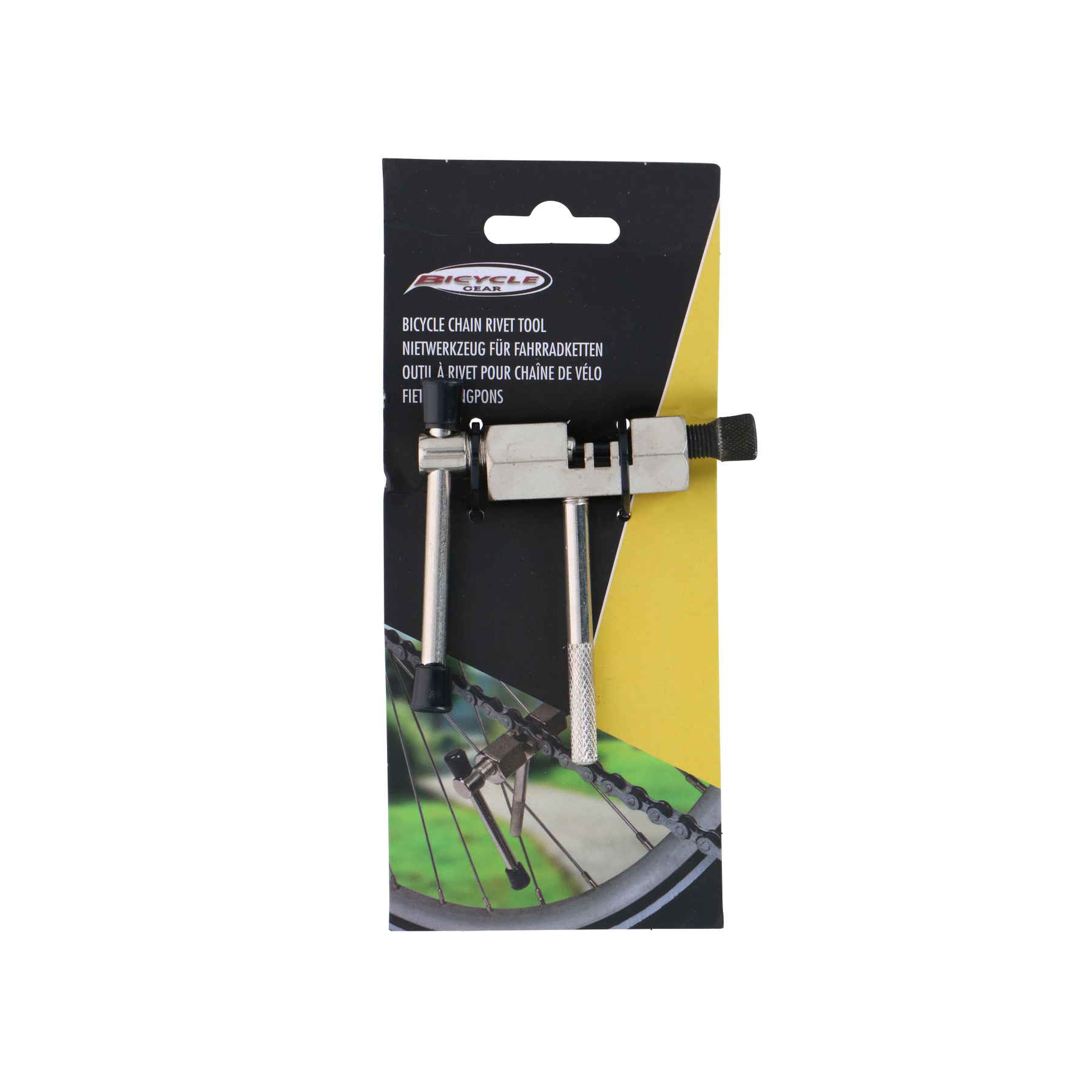 Ein Fahrradkettennietwerkzeug, silber und schwarz, auf einer Produktverpackung mit Text.