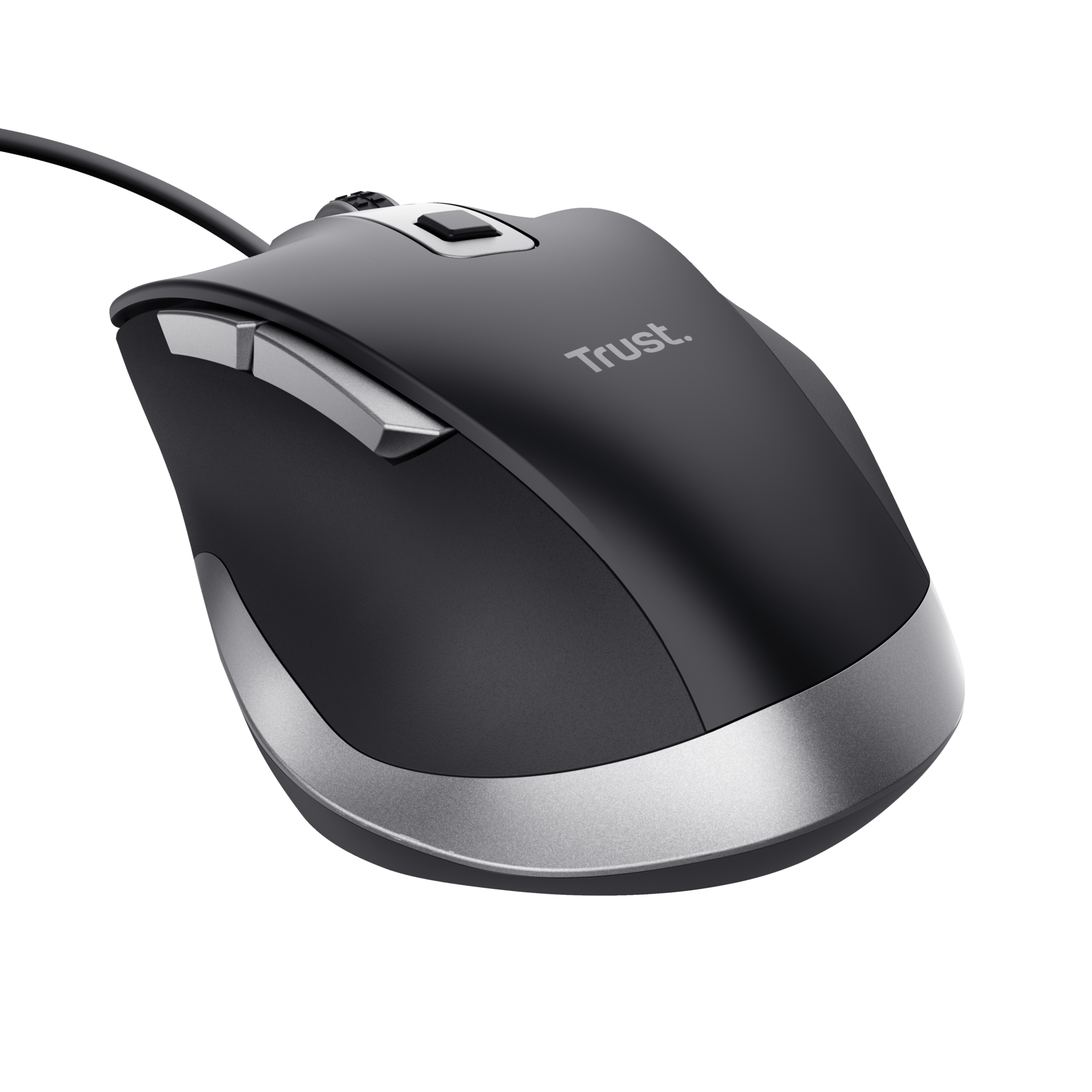 Schwarze und silberne Computermaus mit schwarzem Hintergrund.