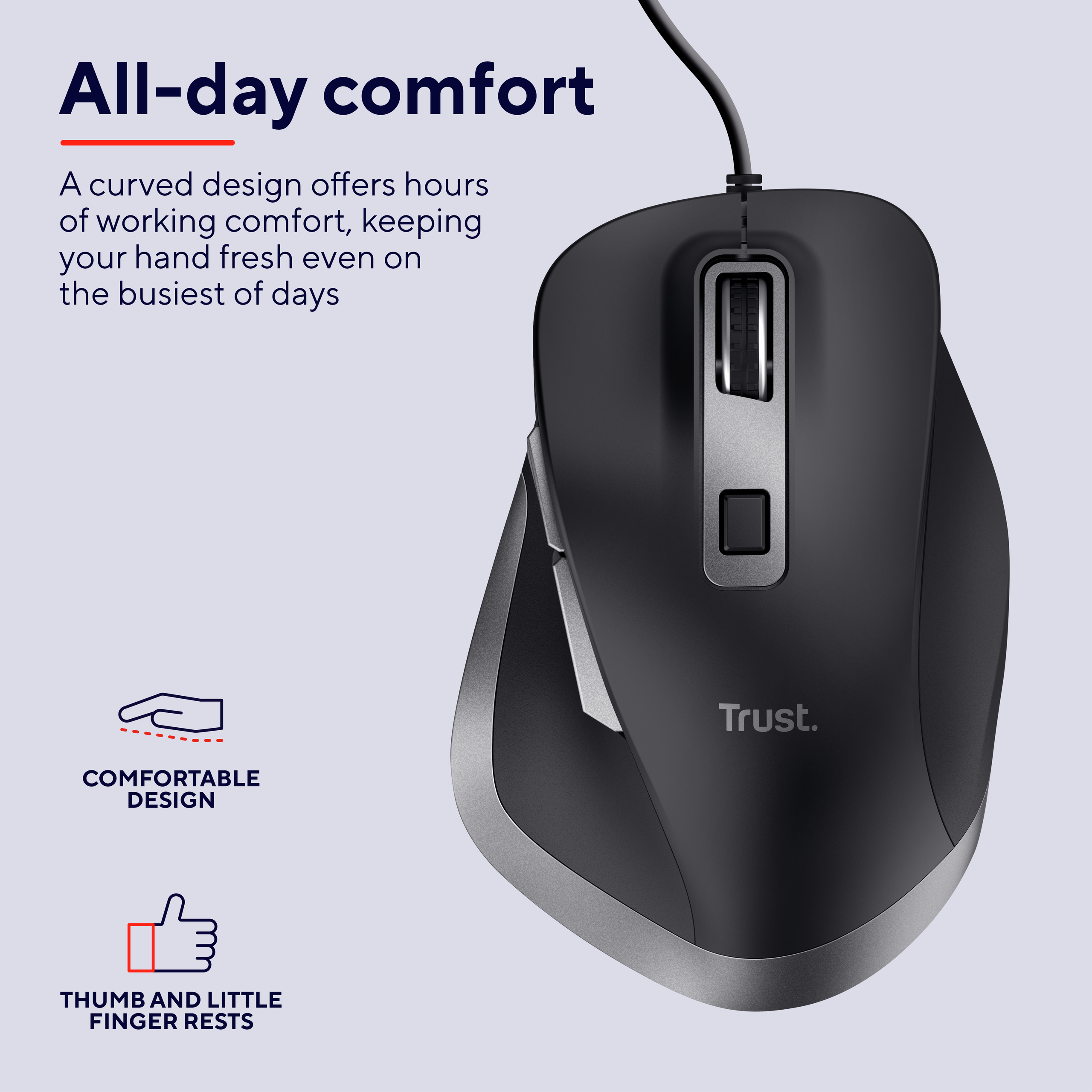 Schwarze Trust-Maus mit silbernen Akzenten. Text: 'All-day comfort', 'Trust'.