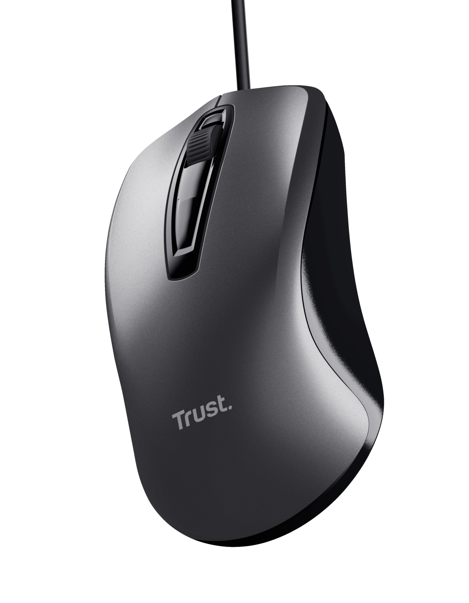 Een grijze computermuis met scrollwiel en het merk 'Trust'.